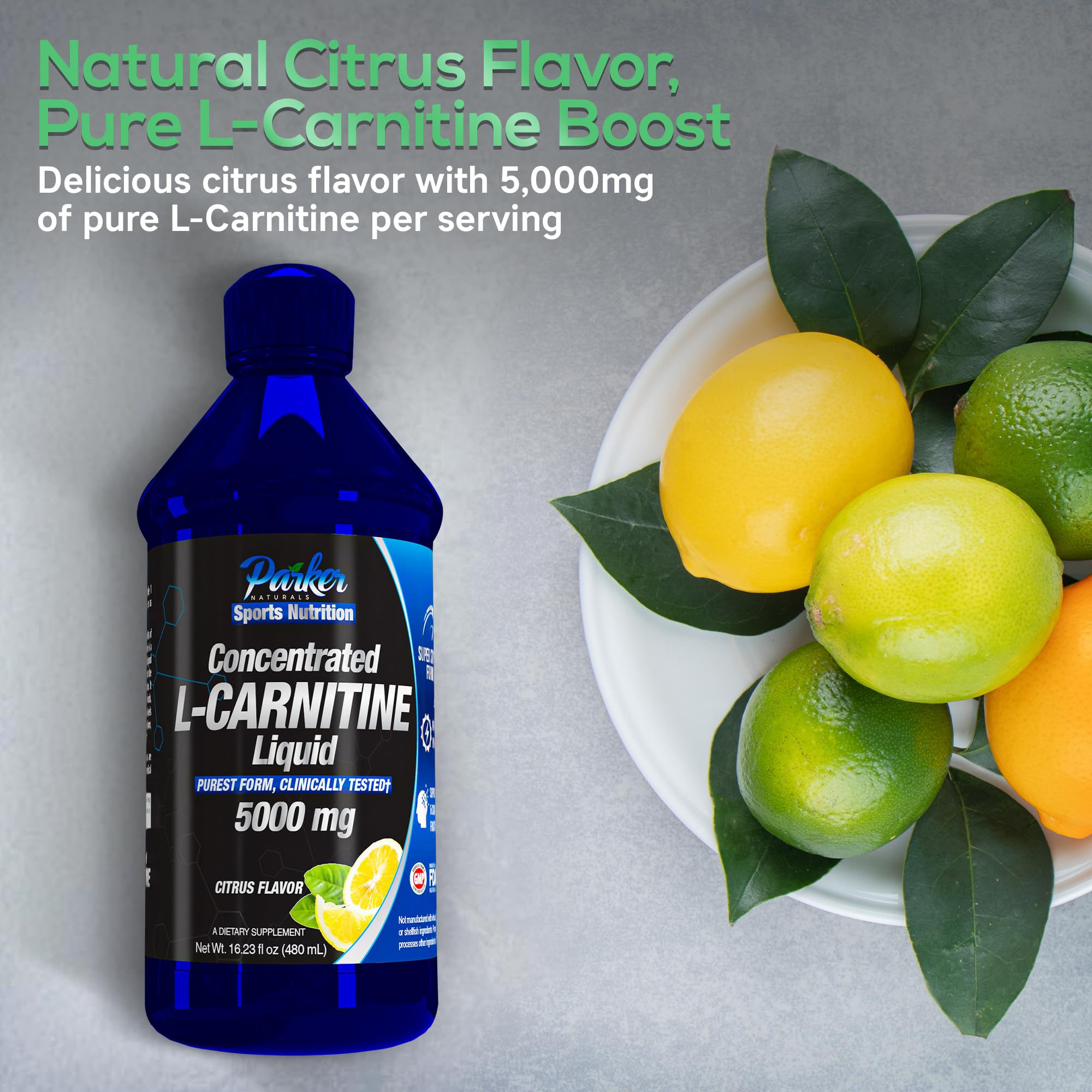 Gota de L-carnitina líquida Parker Naturals mostrando textura fluida y sabor cítrico