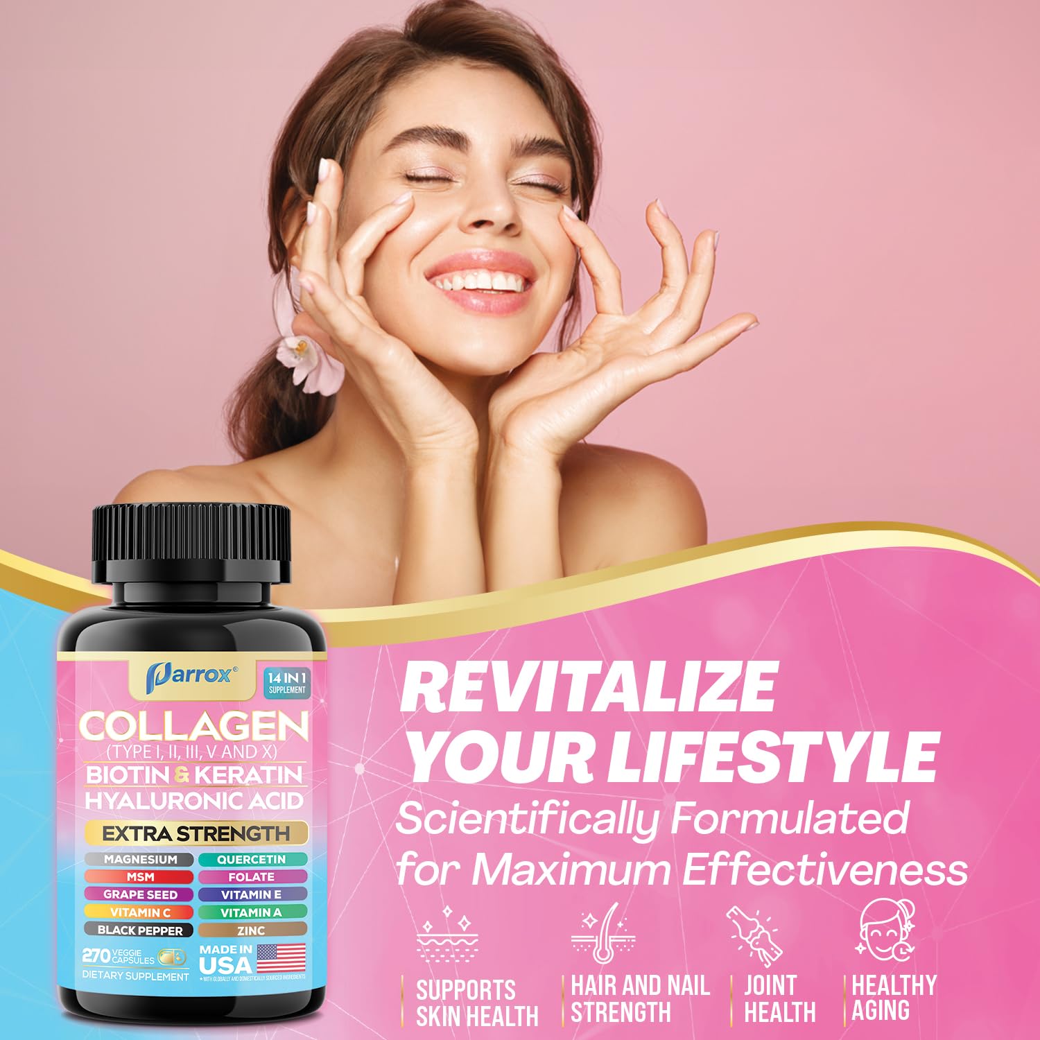 Parrox frasco junto a elementos de baño y cuidado, integra rutina de belleza