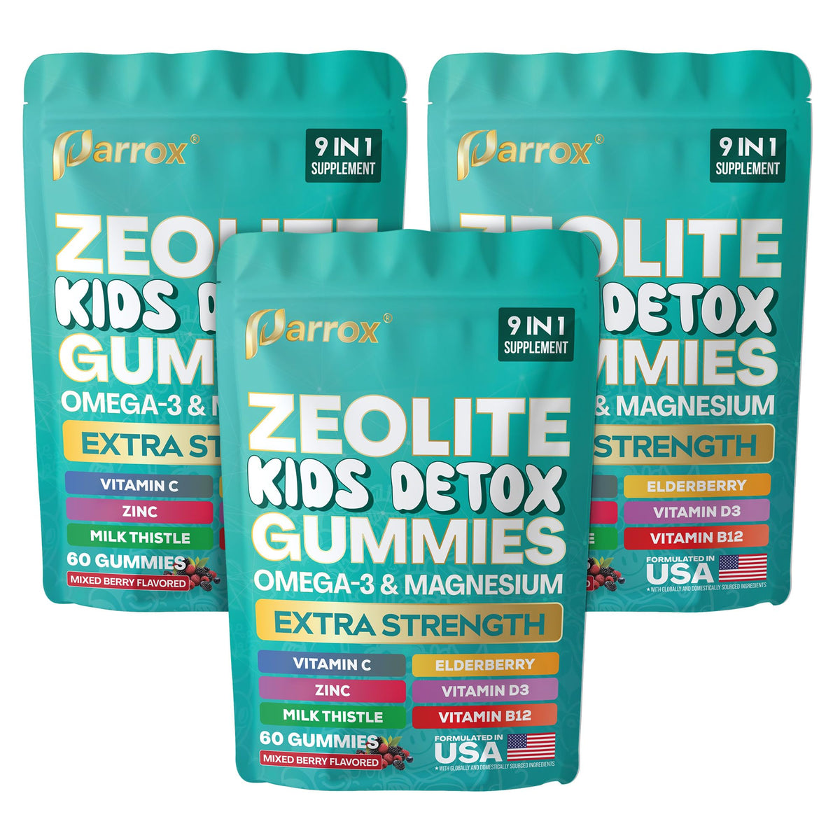 Parrox gomitas pack frontal mostrando diseño y beneficios para padres