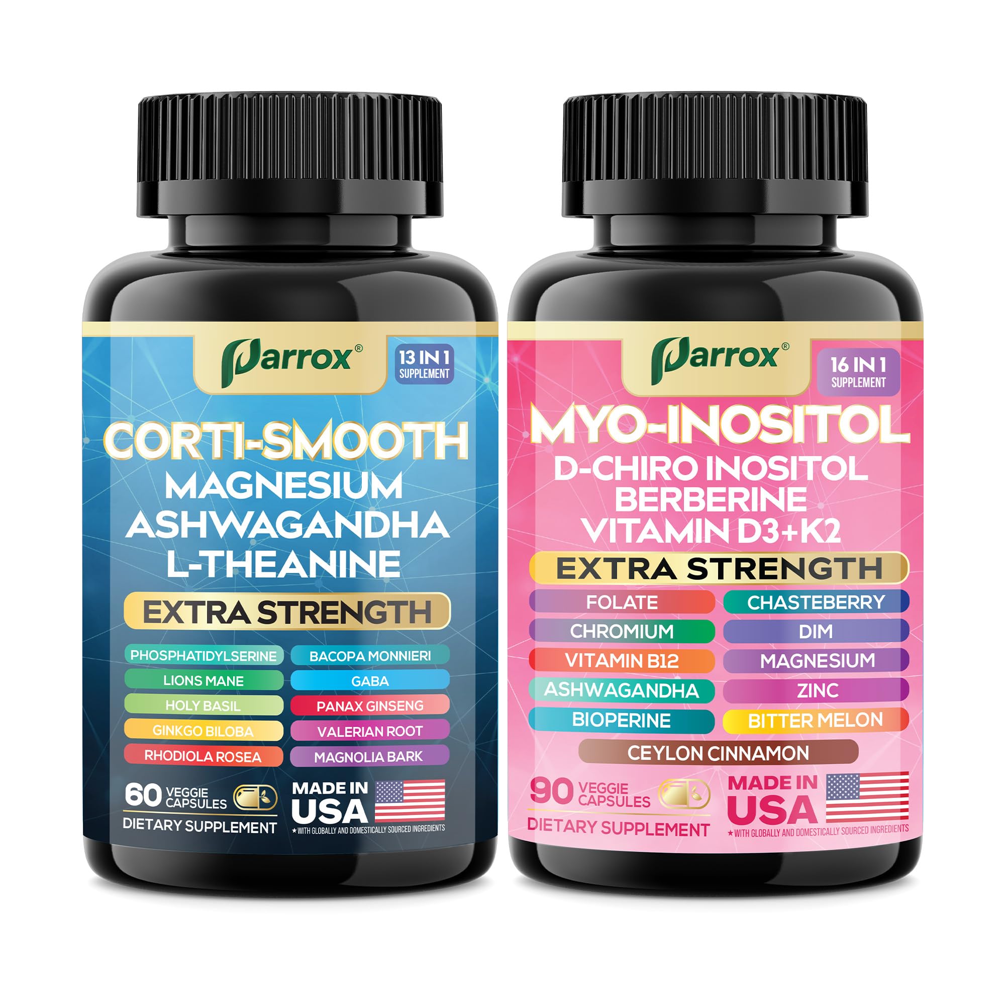 Parrox raíz de ashwagandha e ingredientes mostrados como apoyo natural