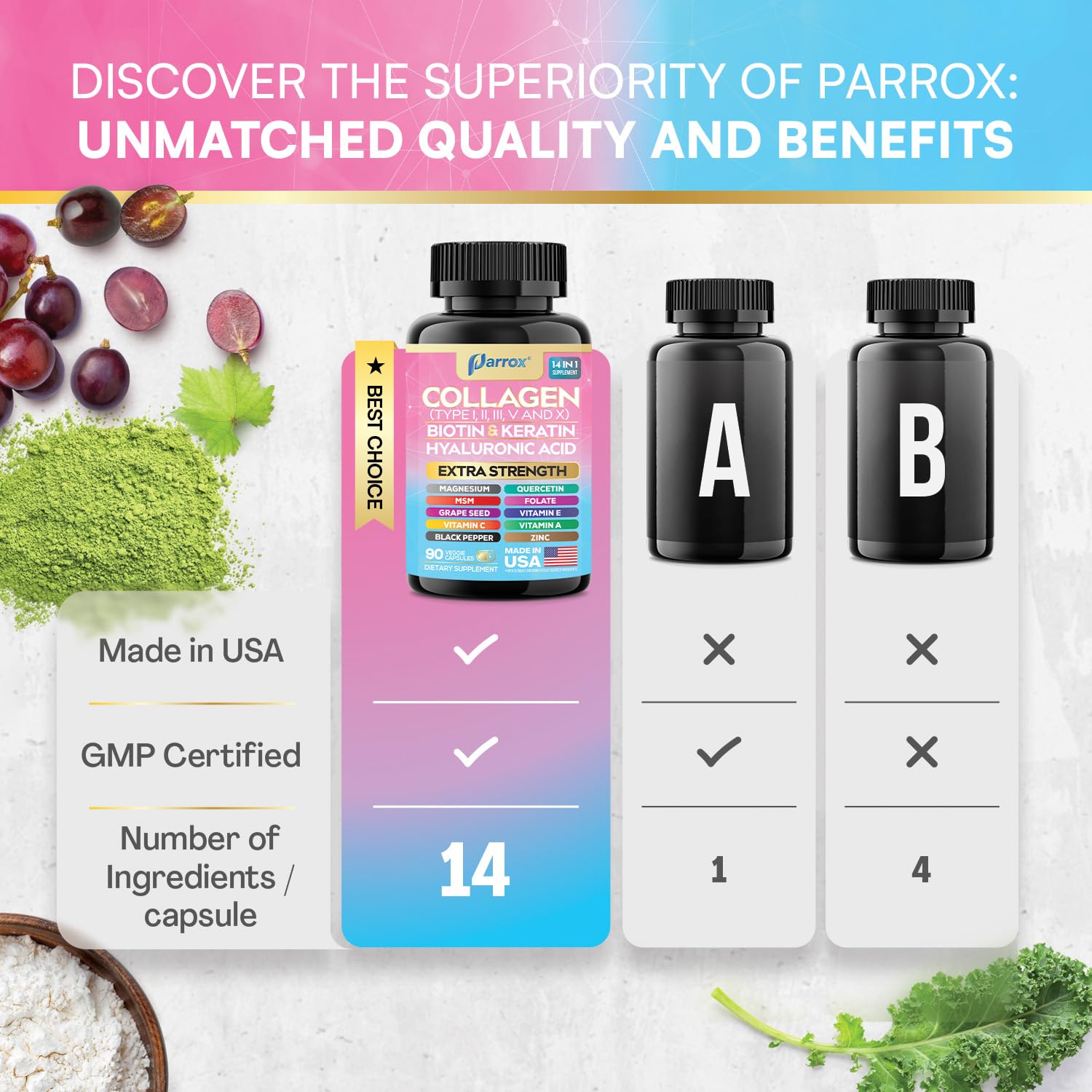 Parrox ingredientes principales sobre mesa con enfoque en nutrientes