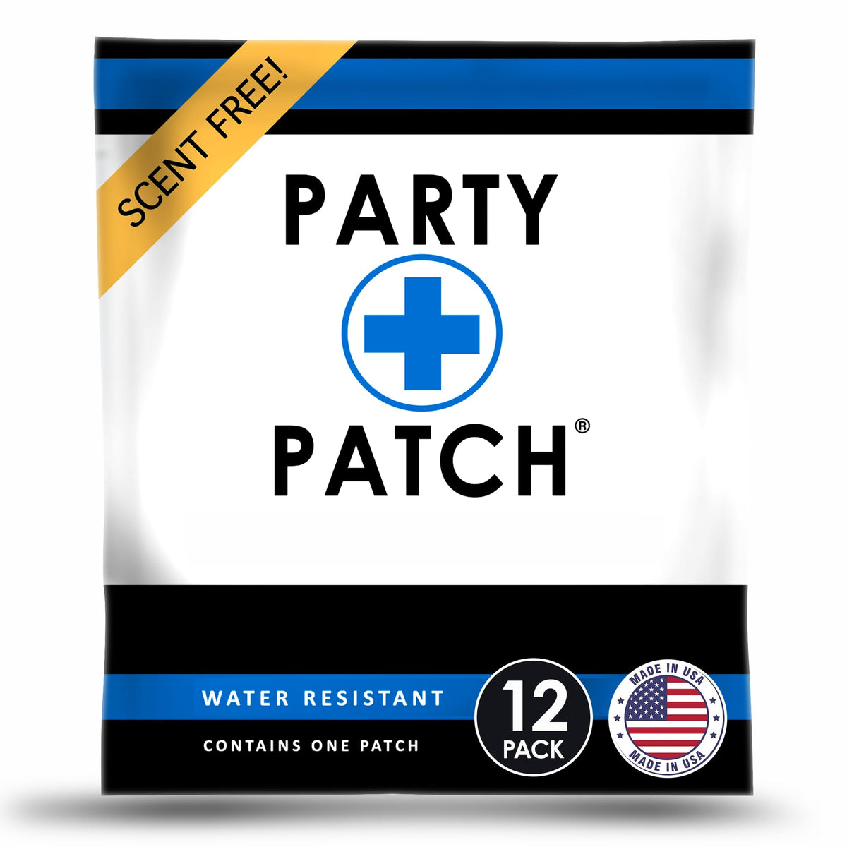 Party Patch empaque frontal mostrando 12 parches, práctico y portátil