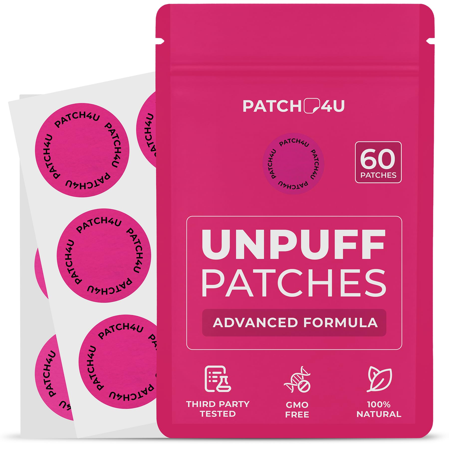 Patch4U empaque frontal mostrando 60 parches y beneficios visibles
