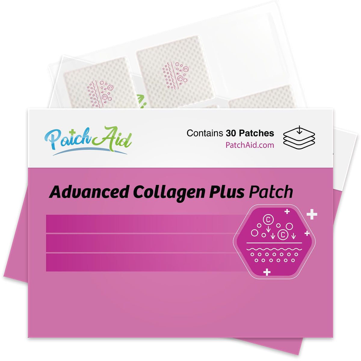 Patch Aid empaque frontal mostrando suministro de 30 días y simplicidad