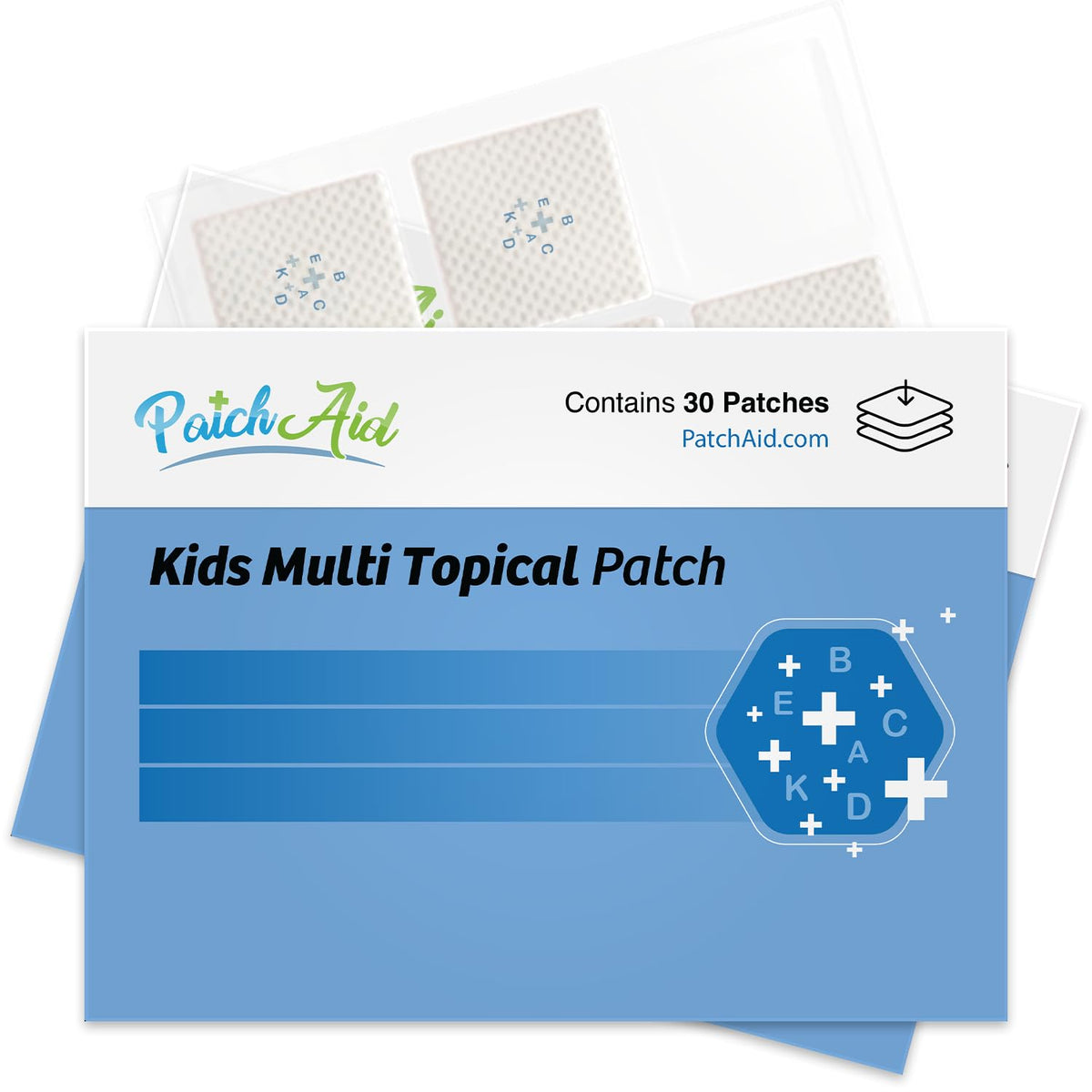 PatchAid empaque frontal mostrando parche infantil y ventajas de seguridad