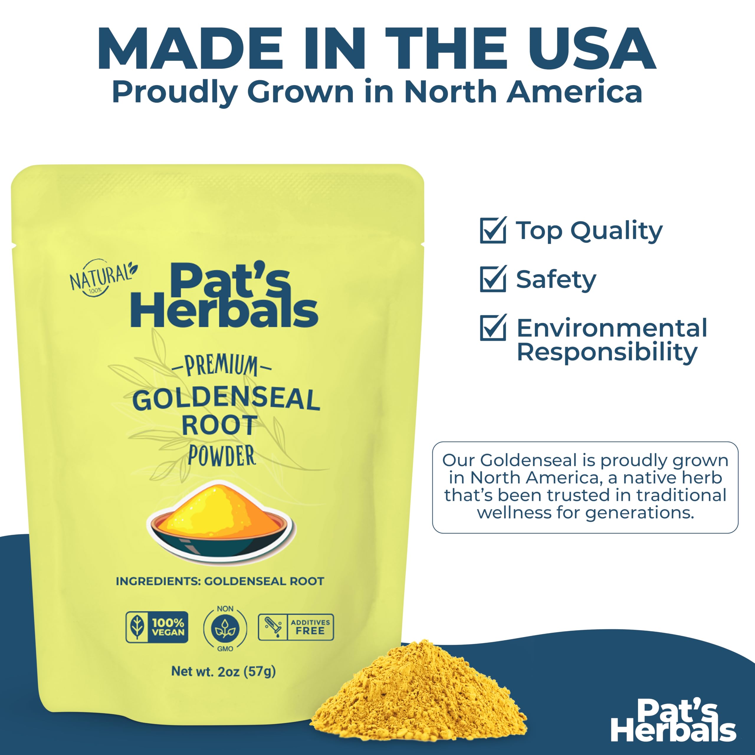 Pat's Herbals bolsa de 2 oz comparada con una mano para escala