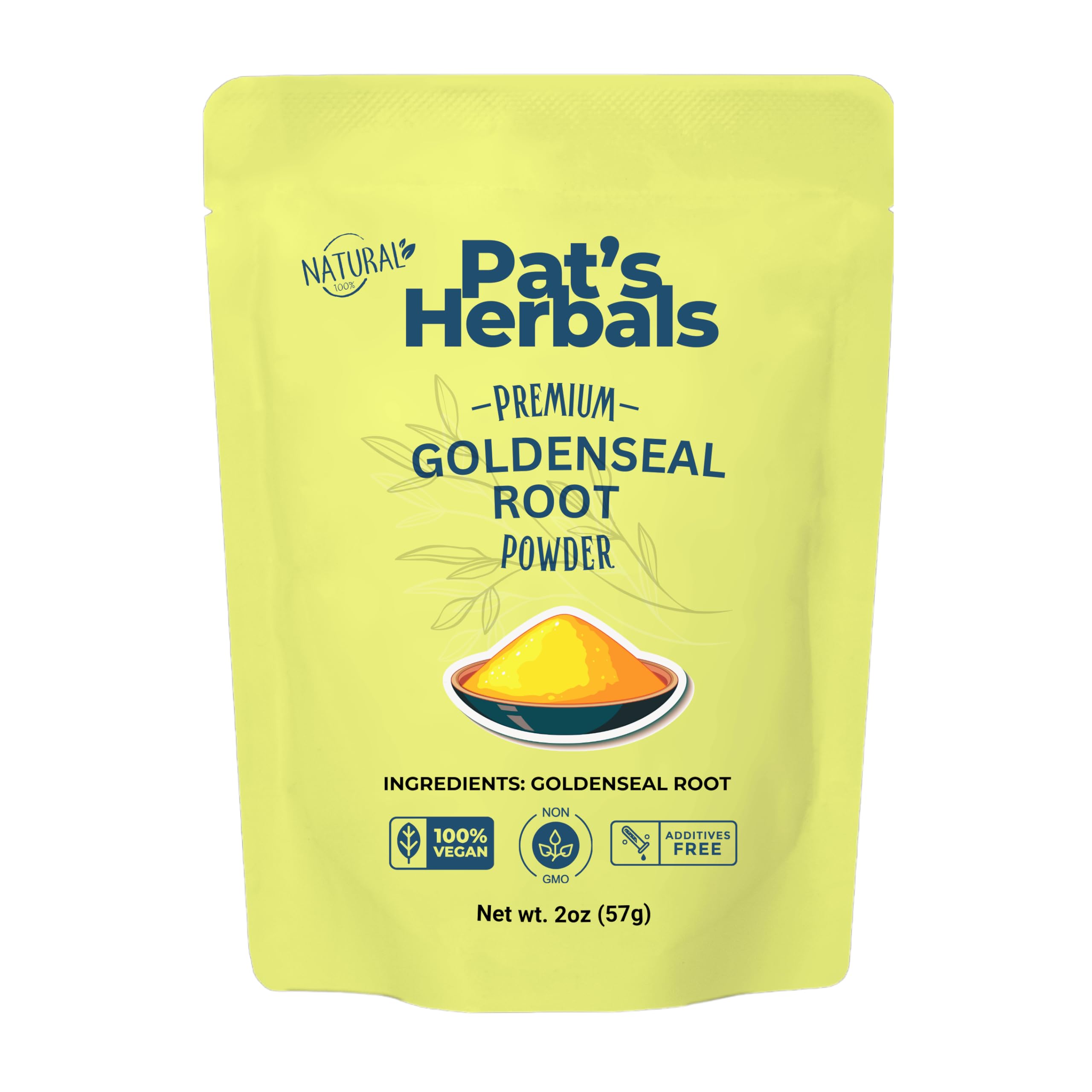 Pat's Herbals paquete frontal mostrando el polvo y sello USA