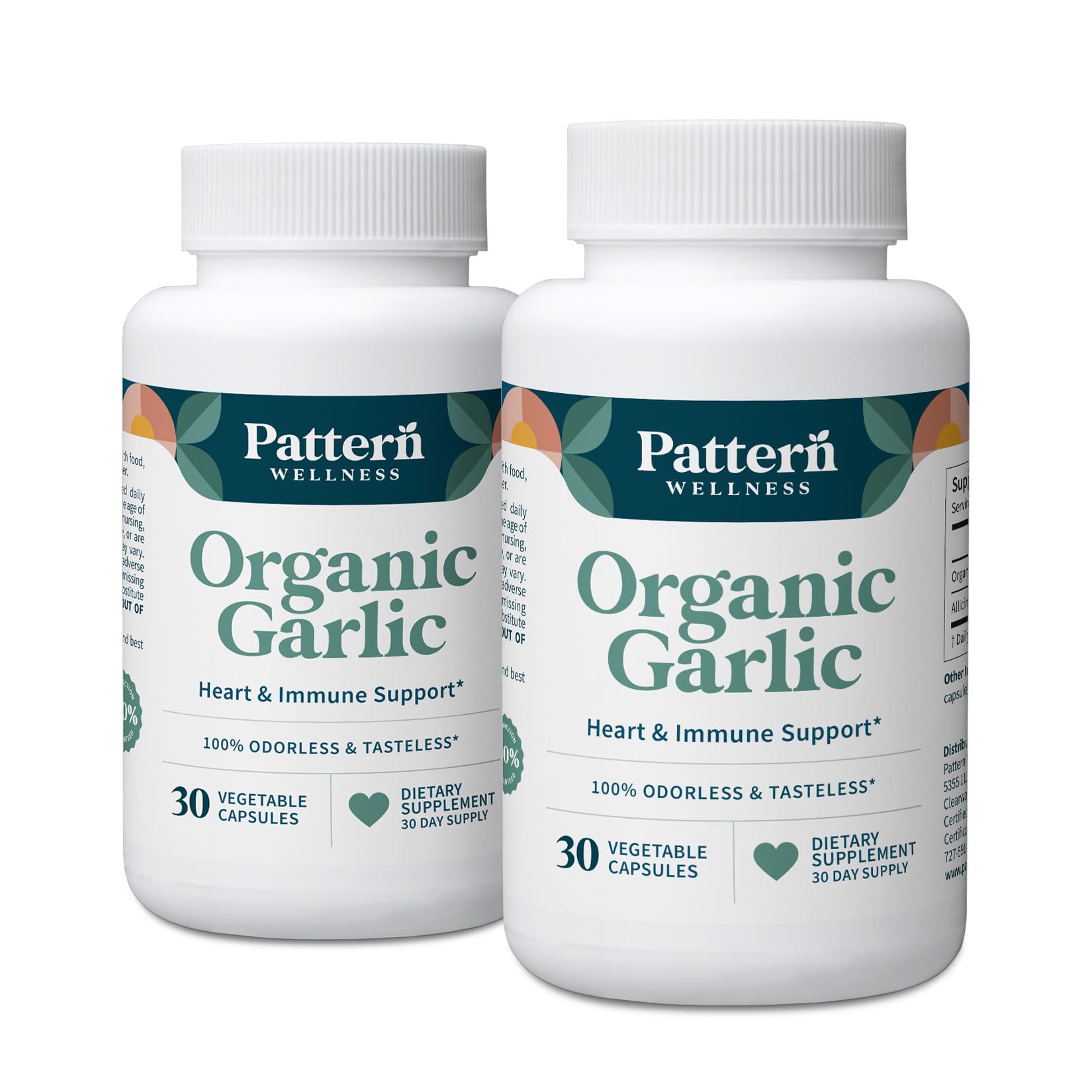 Pattern Wellness envase frontal de ajo orgánico inodoro mostrando etiquetas y beneficios