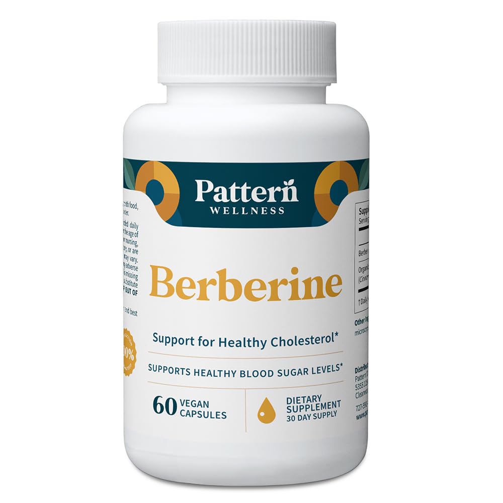 Pattern Wellness envase frontal de berberina y canela, embalaje claro y confiable