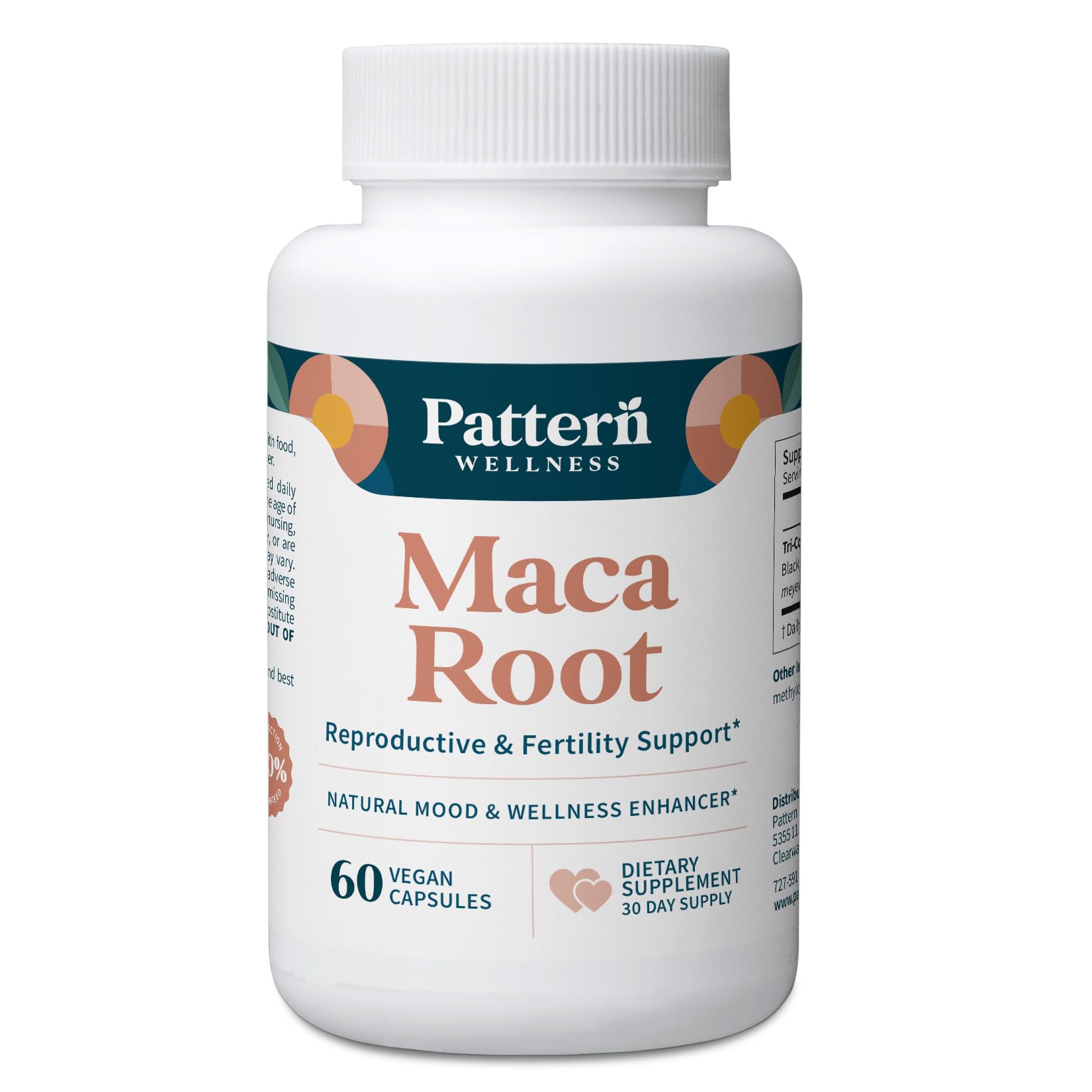 Pattern Wellness frasco frontal de maca que muestra envase y beneficios