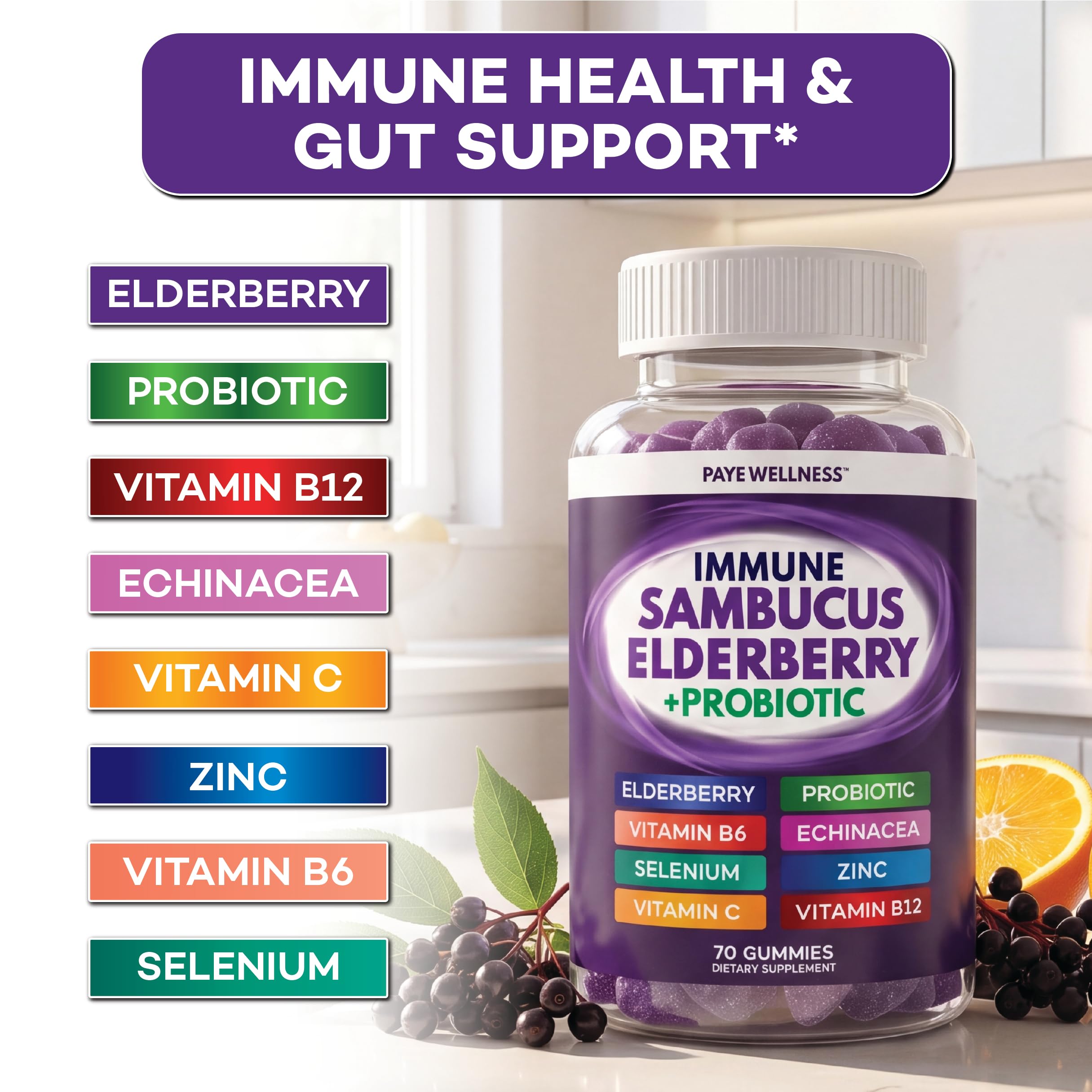 PAYÉ etiqueta con lista de ingredientes destacando vitaminas y probiótico