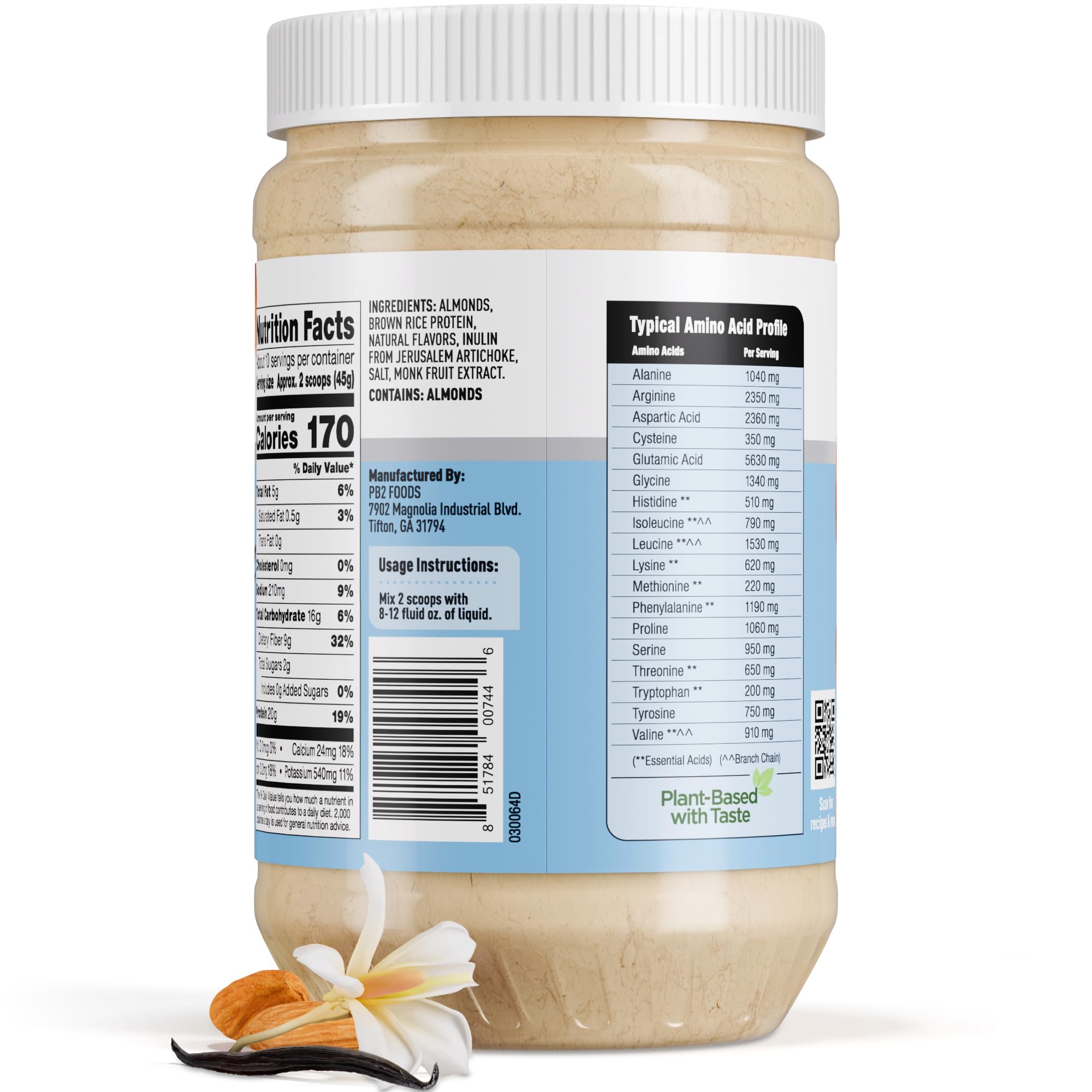 PB2 envase comparado con mano para mostrar tamaño real de 1 lb