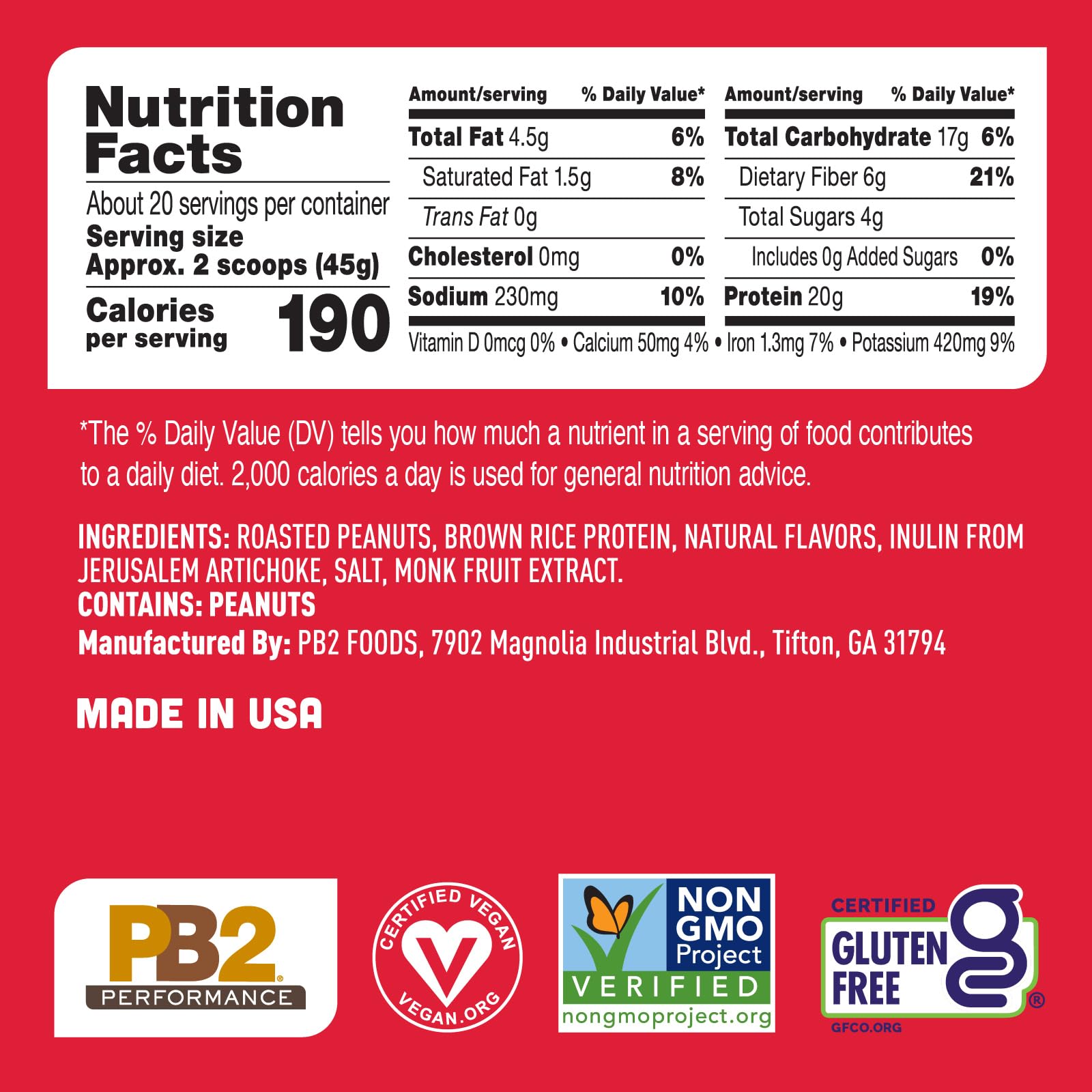 Etiqueta nutricional PB2 vista de cerca demostrando 20 g de proteína