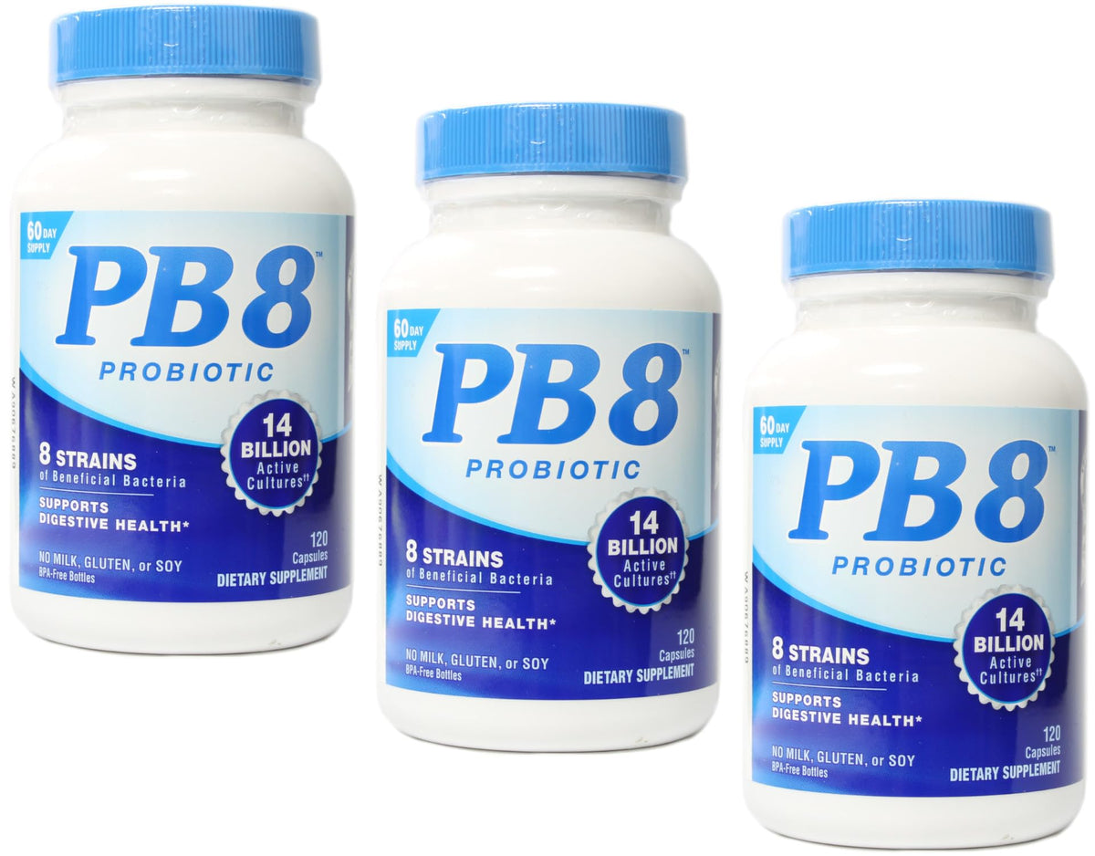 PB8 frasco frontal mostrando etiqueta y beneficios visibles