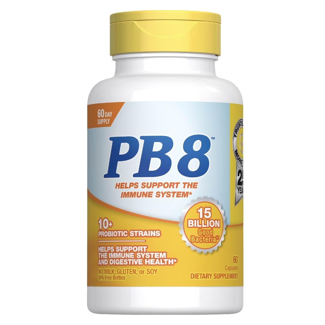 PB8 frasco frontal mostrando 60 cápsulas y diseño claro