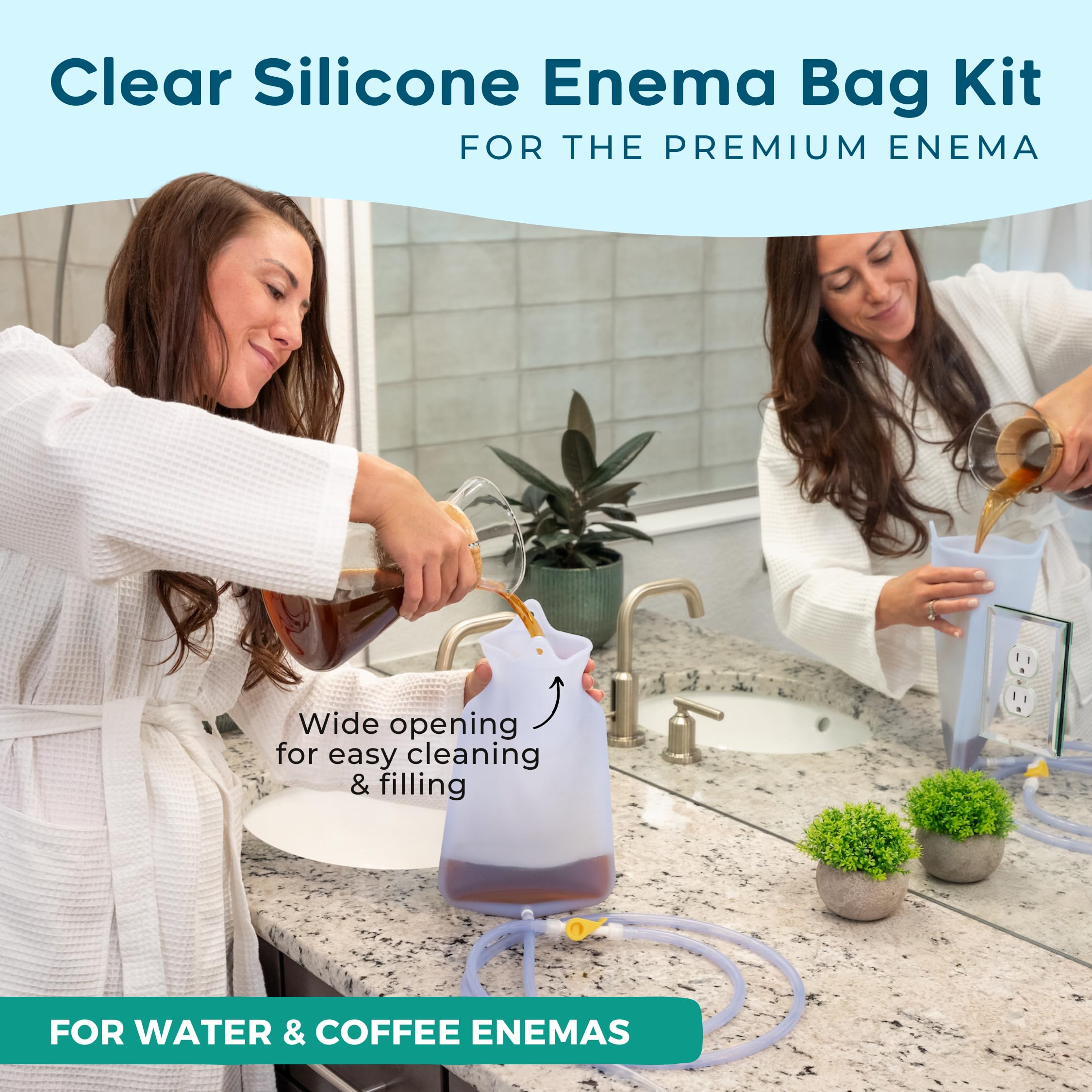 PE Premium Enema bolsa translúcida llena mostrando control de nivel de líquido