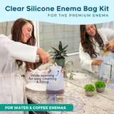 PE Premium Enema bolsa translúcida llena mostrando control de nivel de líquido