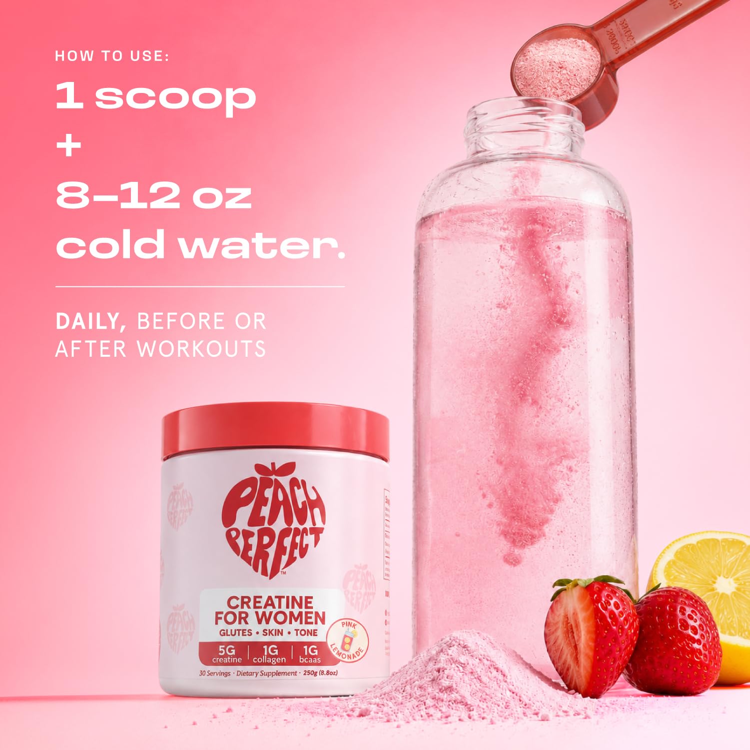 Peach Perfect cápsulas de BCAA y colágeno resaltando recuperación