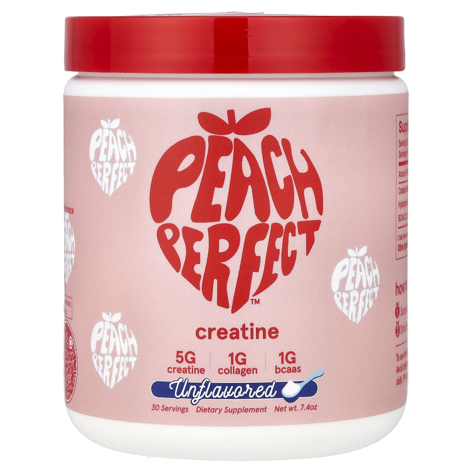 Peach Perfect frasco frontal mostrando etiqueta y 30 servicios, fácil identificación de beneficios