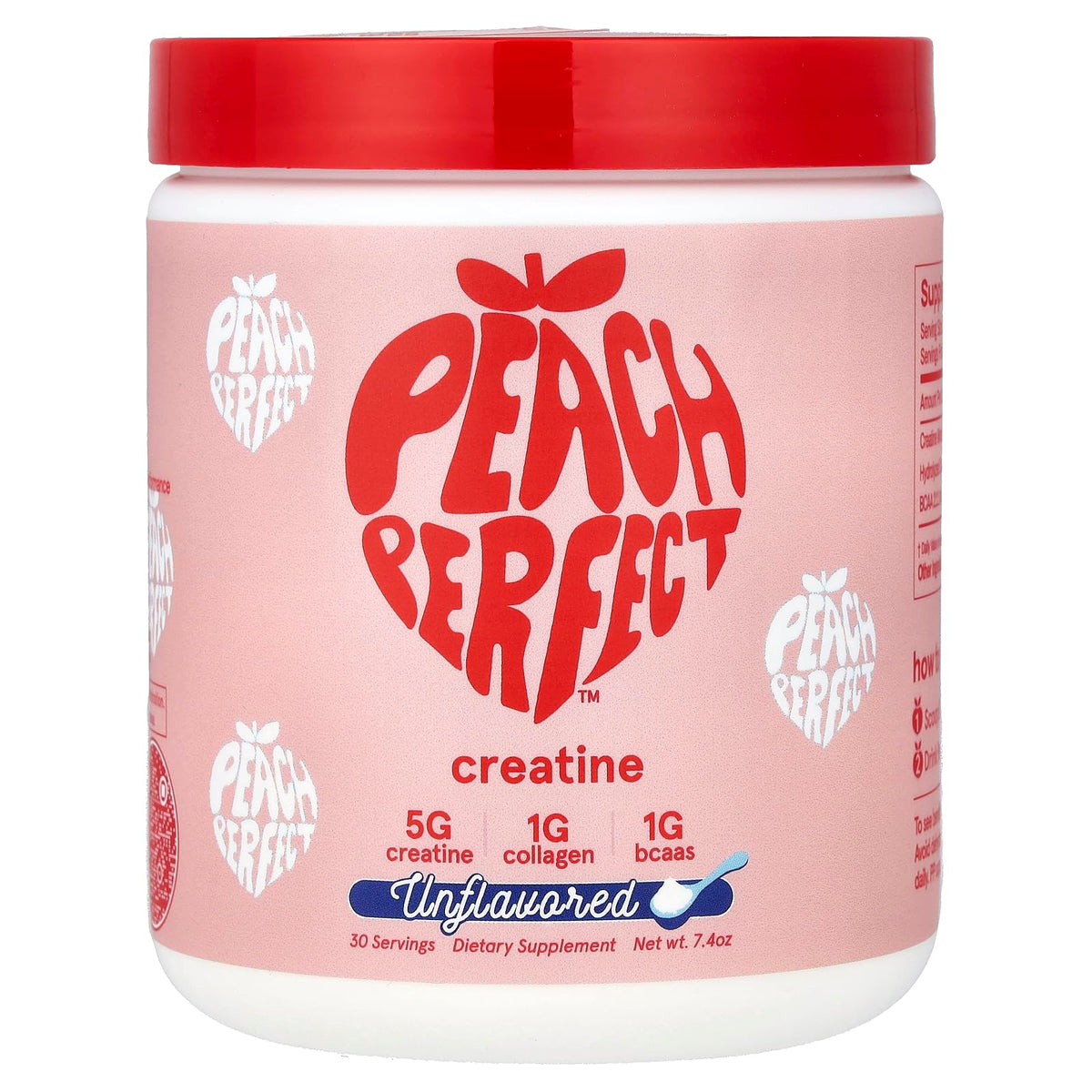 Peach Perfect frasco frontal mostrando etiqueta y 30 servicios, fácil identificación de beneficios
