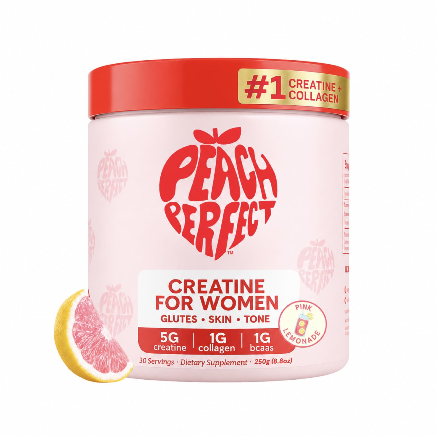 Peach Perfect frente del envase mostrando 30 tomas y sabor pink lemonade