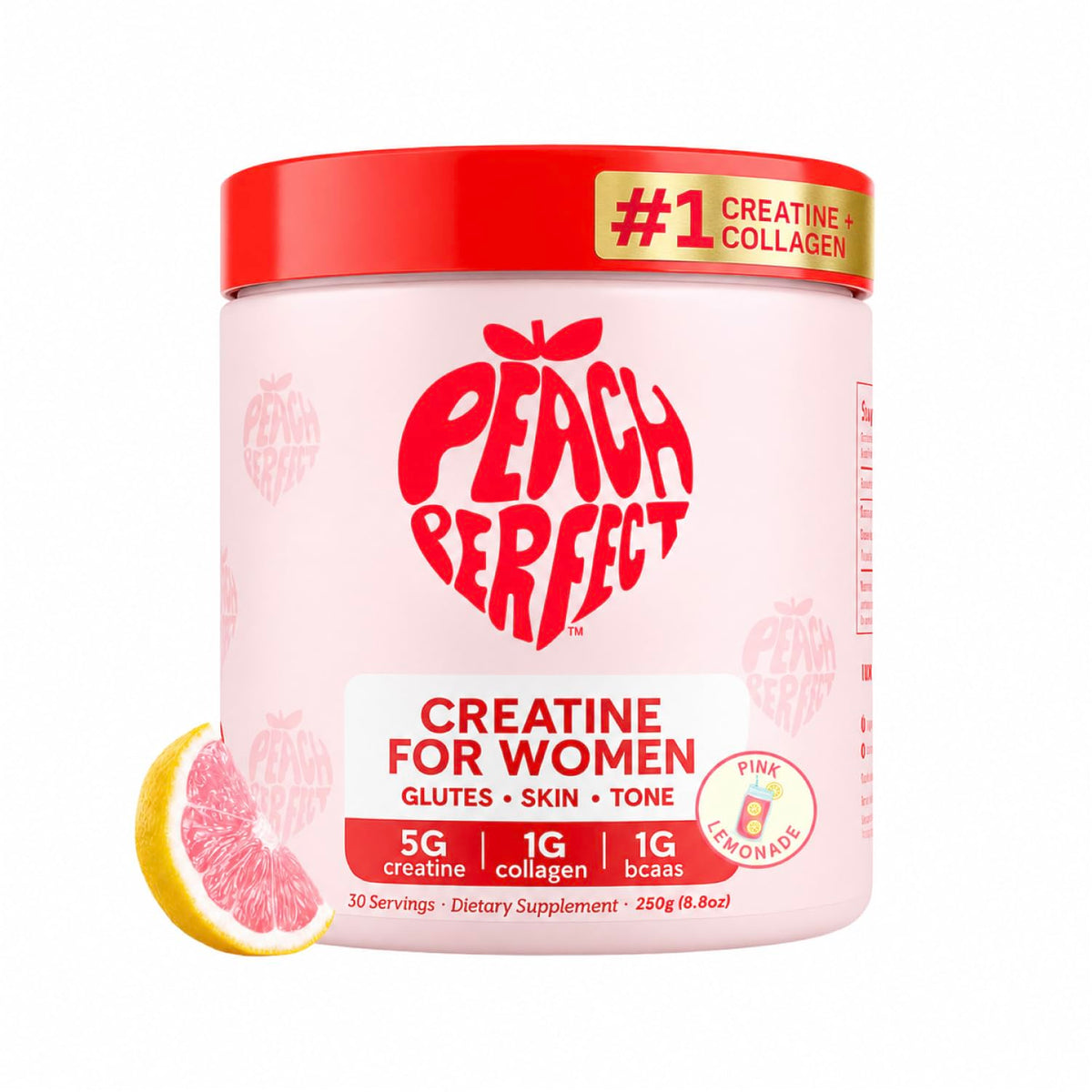 Peach Perfect frente del envase mostrando 30 tomas y sabor pink lemonade