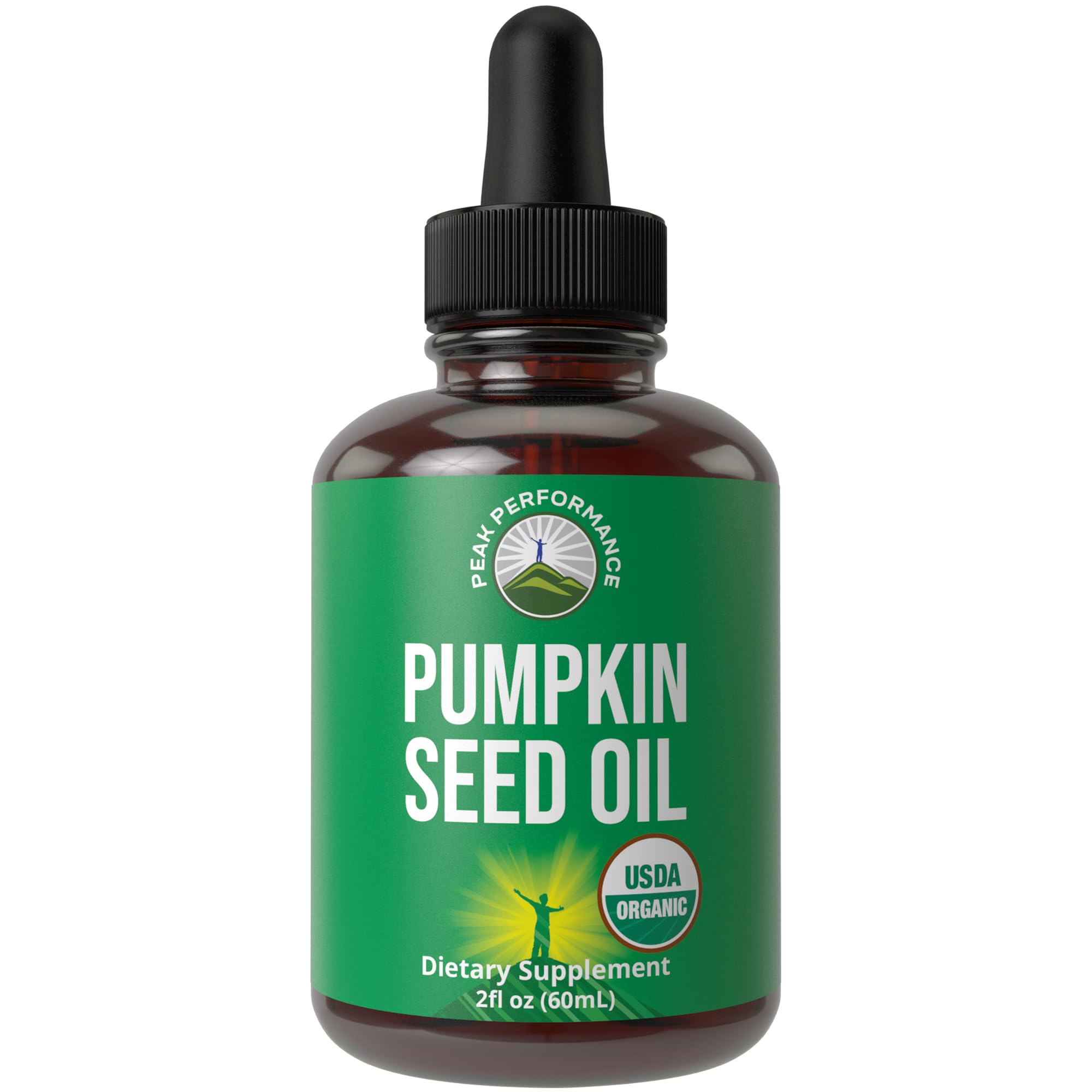 Peak Performance botella frontal del aceite de semilla de calabaza, muestra clara y práctica