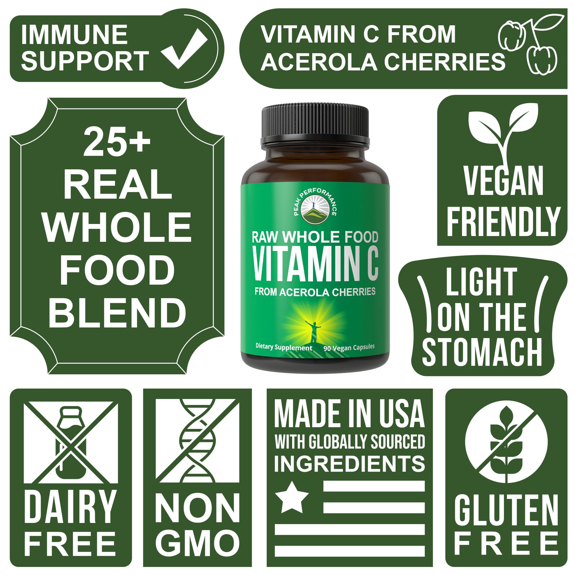 Peak Performance acerolas frescas, fuente natural de vitamina C