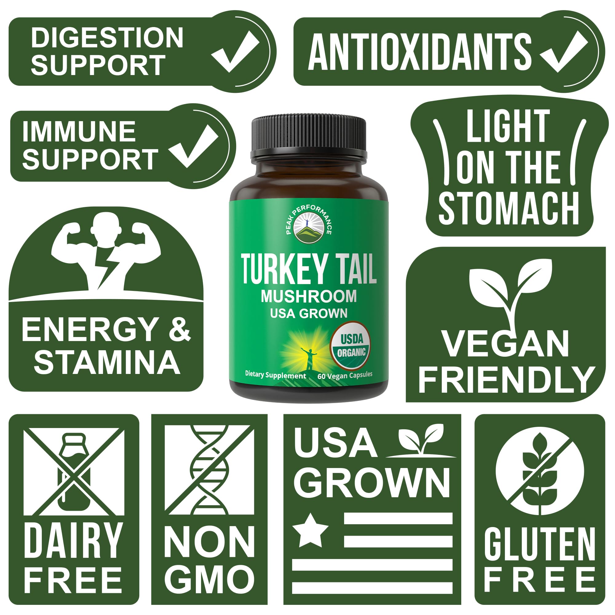Peak Performance etiqueta con sello USDA Certified Organic y certificaciones
