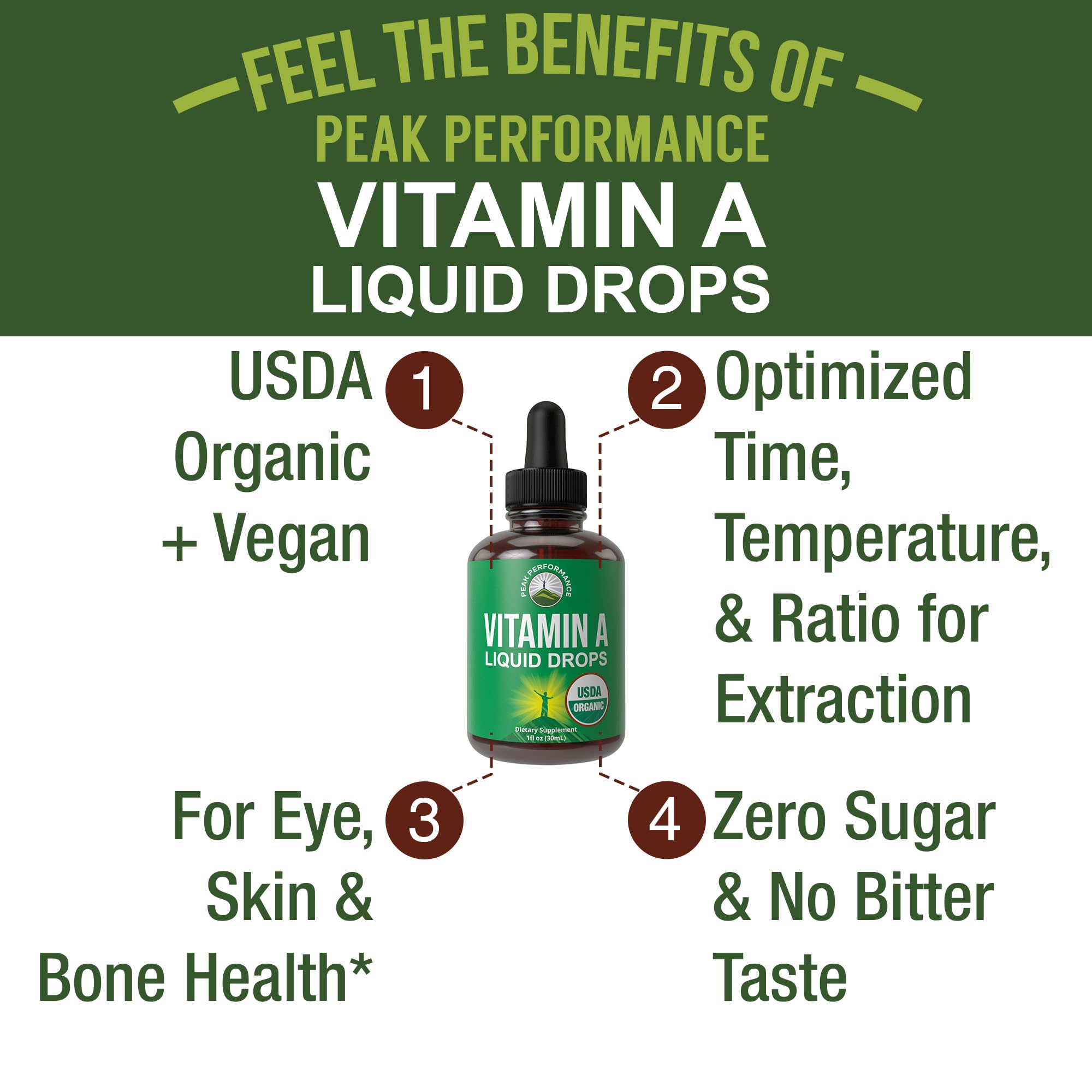 Peak Performance etiqueta con sello USDA Organic y confianza en calidad