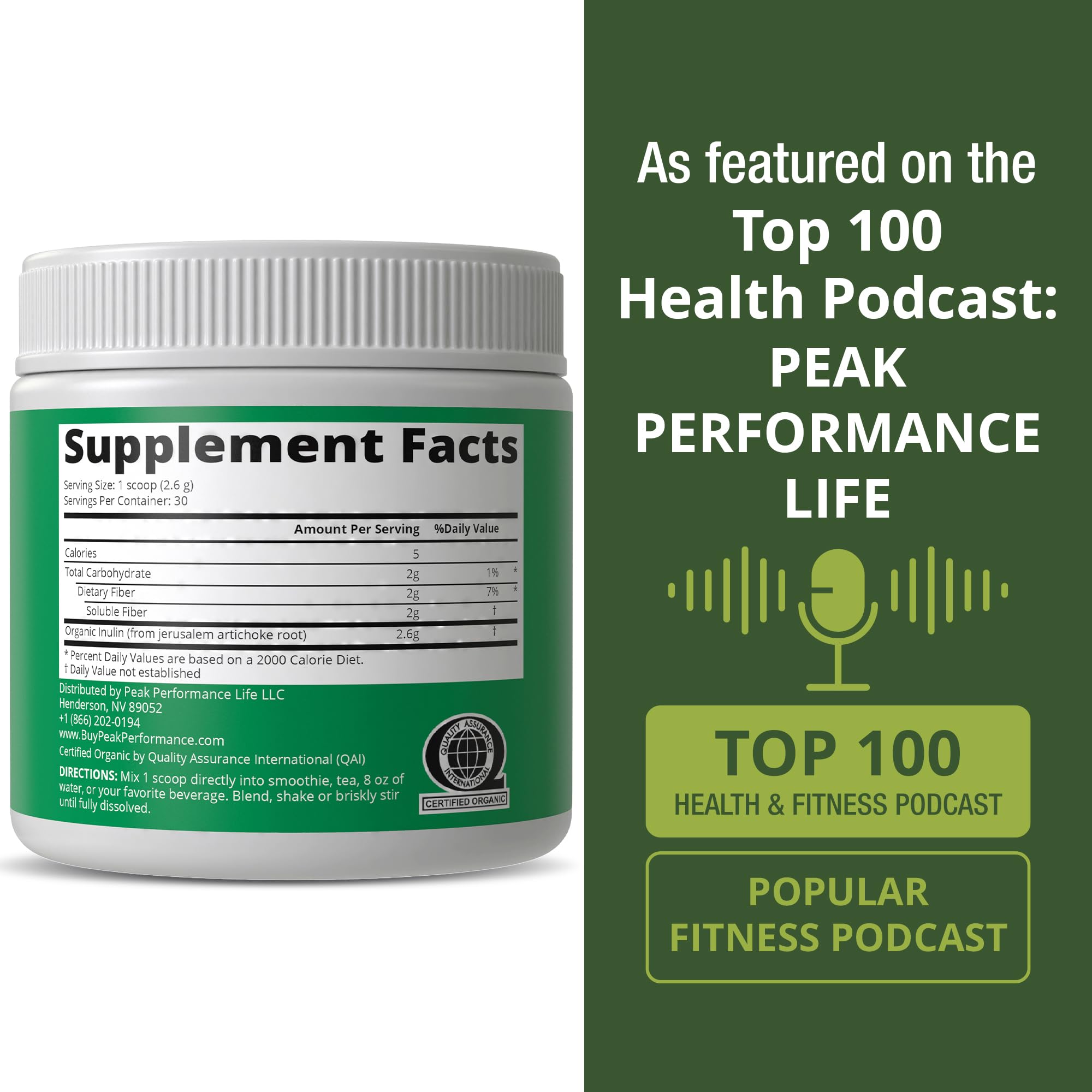Peak Performance etiqueta con sellos USDA Organic y pruebas de terceros