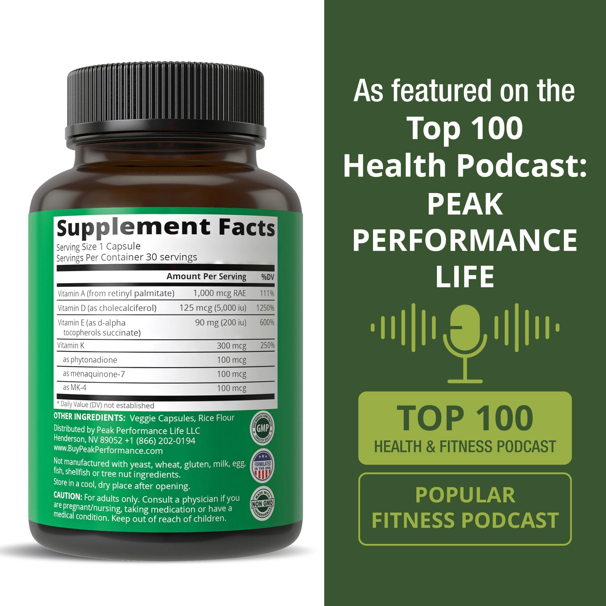 Peak Performance etiqueta con ingredientes y certificaciones de calidad