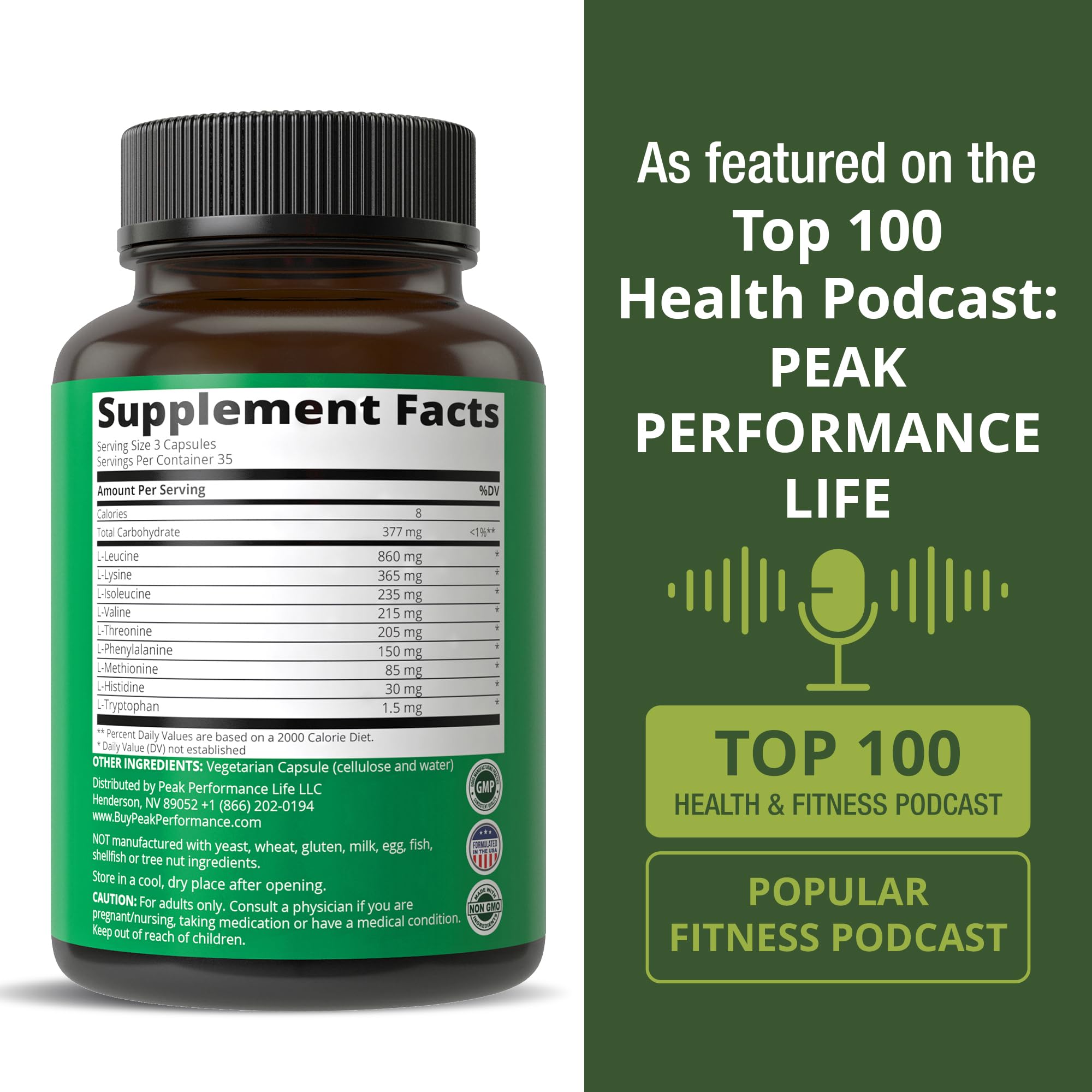 Peak Performance etiqueta con lista de aminoácidos y pruebas de pureza