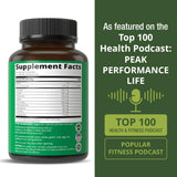 Peak Performance etiqueta con lista de aminoácidos y pruebas de pureza