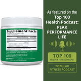 Peak Performance etiqueta con lista de ingredientes y sellos de pruebas de terceros