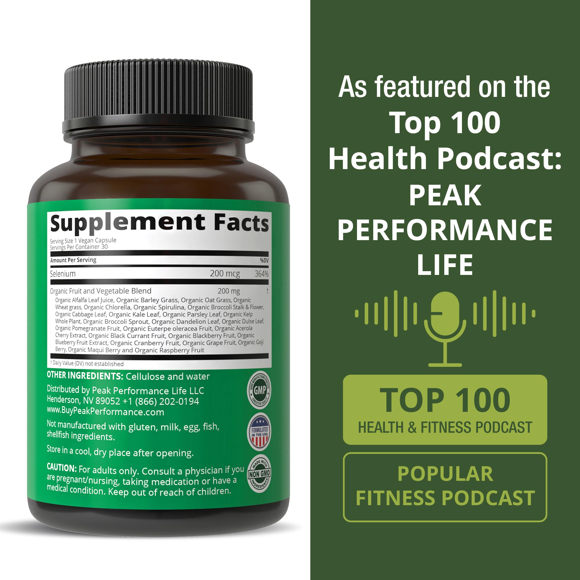 Peak Performance etiqueta de ingredientes indicando pureza y pruebas