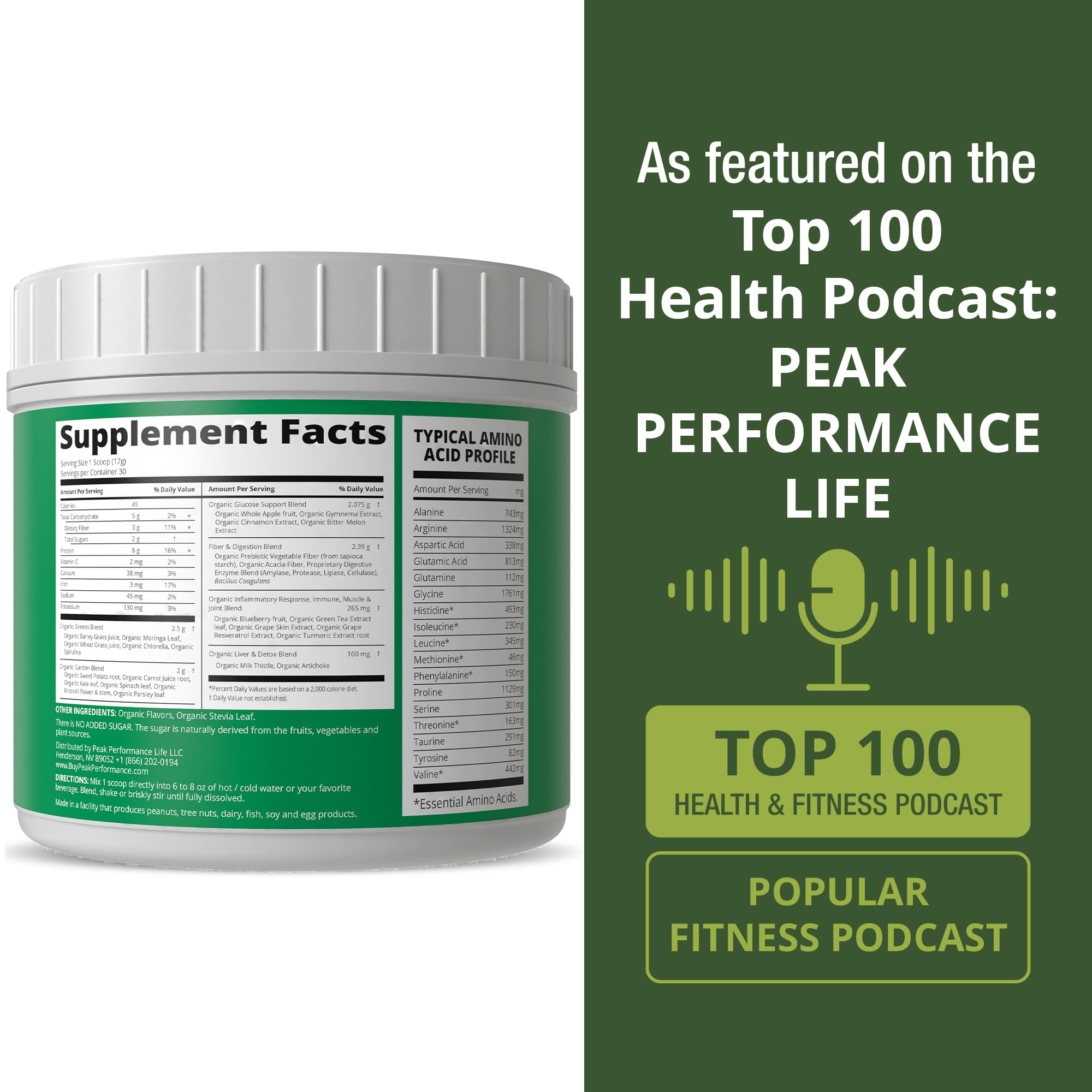 Peak Performance etiqueta nutricional con información clara de ingredientes