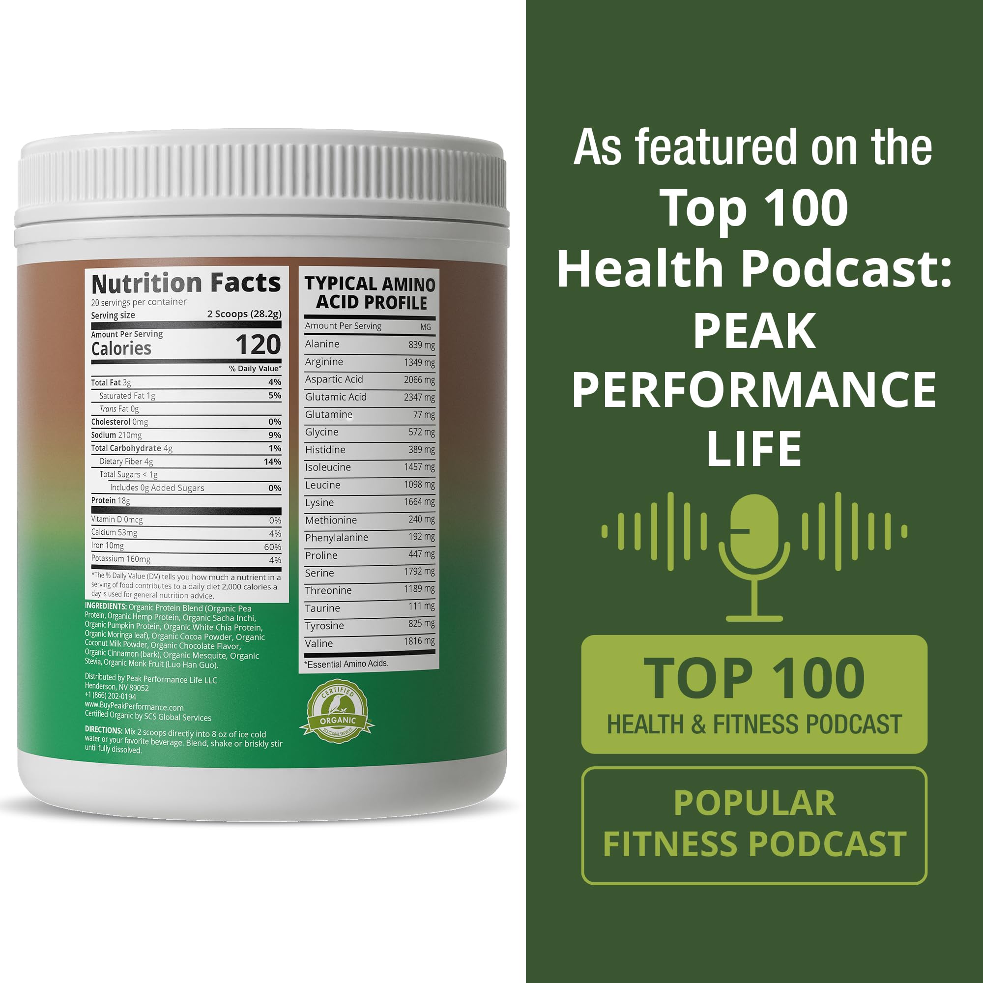 Peak Performance etiqueta nutricional con ingredientes orgánicos y menos de 1 g azúcar