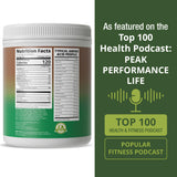 Peak Performance etiqueta nutricional con ingredientes orgánicos y menos de 1 g azúcar