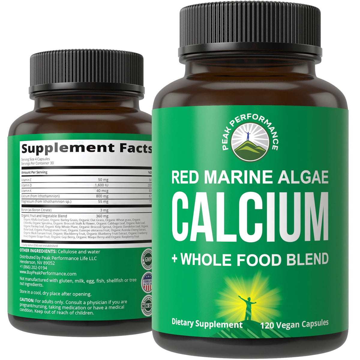 Peak Performance frontal del envase que muestra calcio vegetal y beneficios