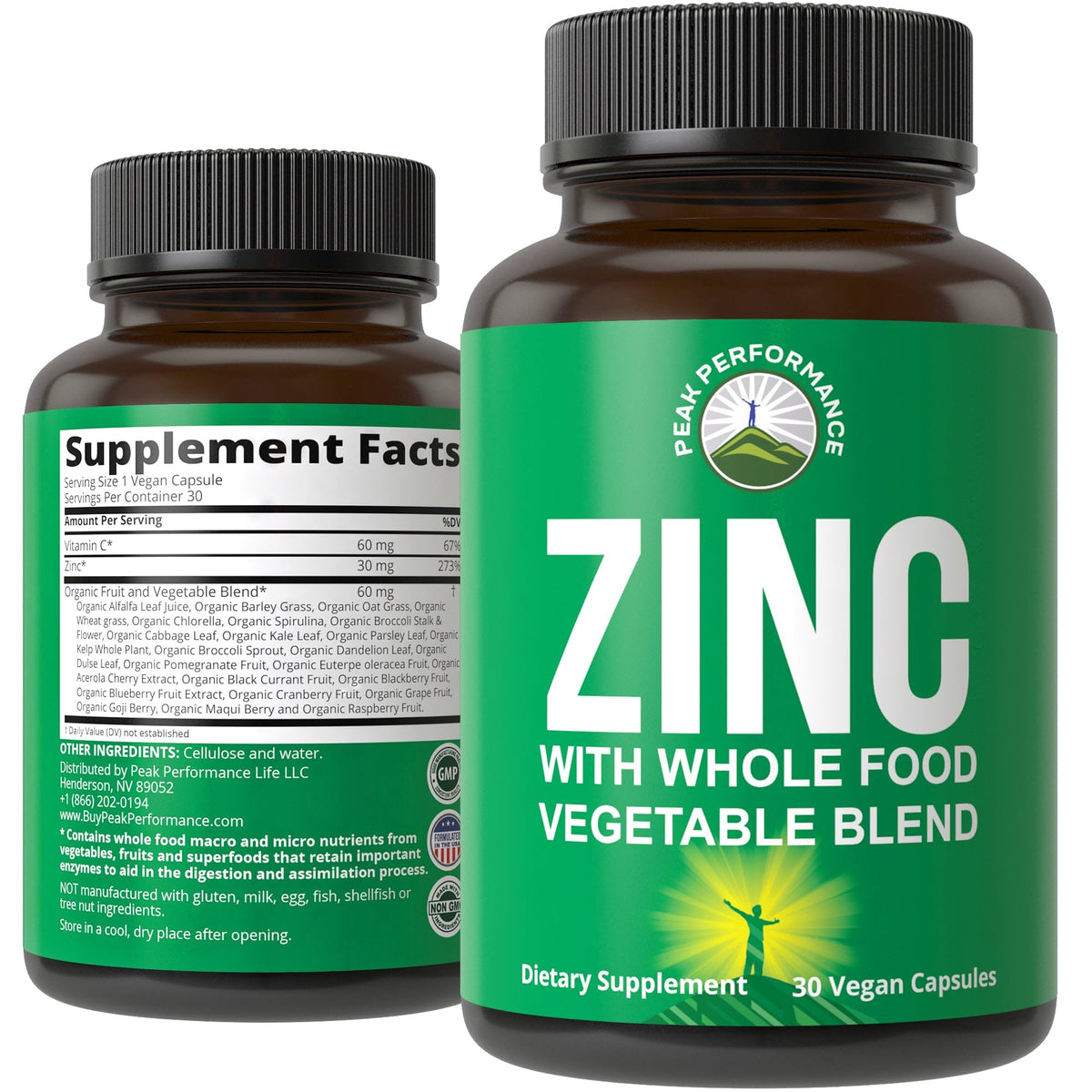 Peak Performance envase frontal mostrando el producto vegano y etiquetas claras