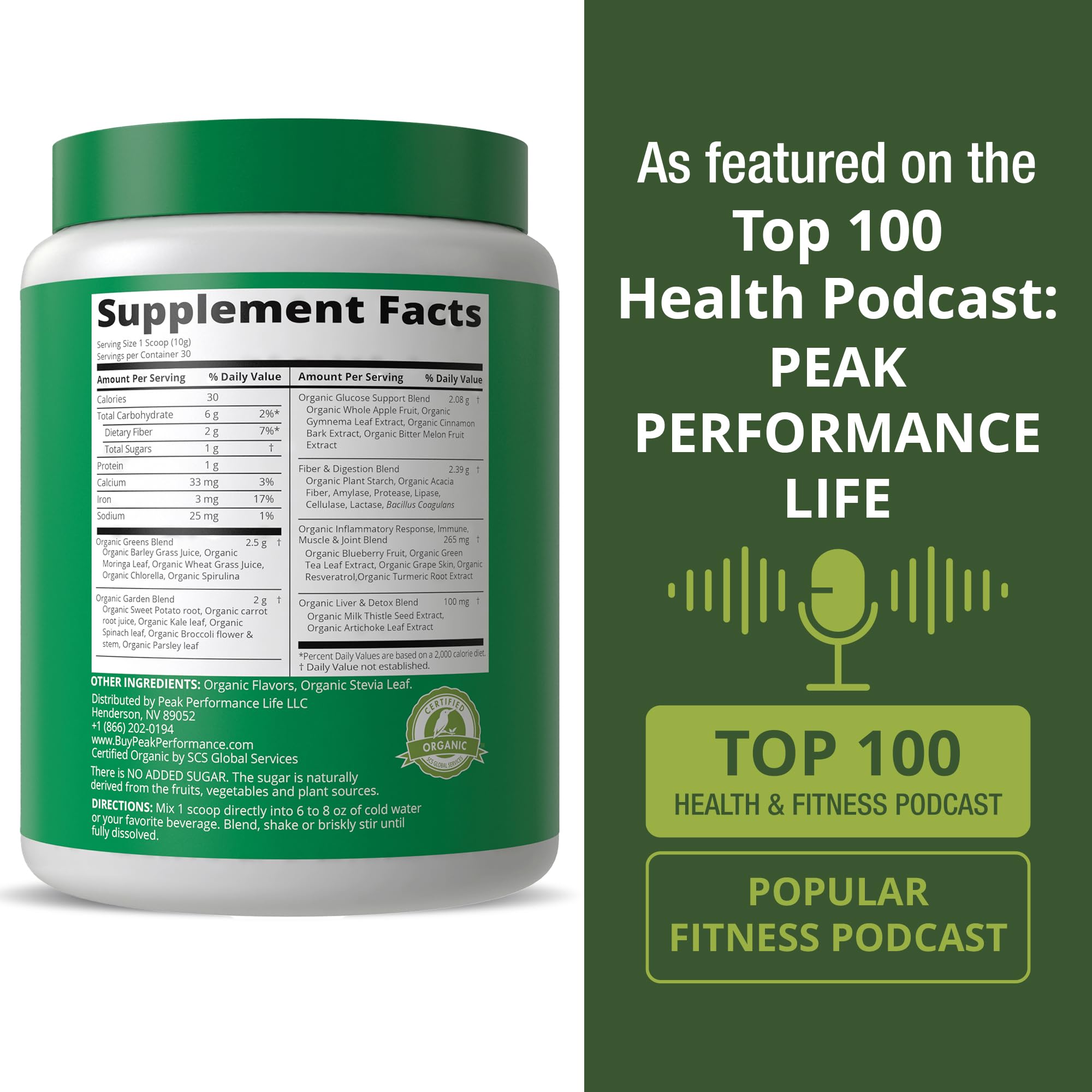 Peak Performance ingredientes orgánicos extendidos que evidencian variedad y calidad