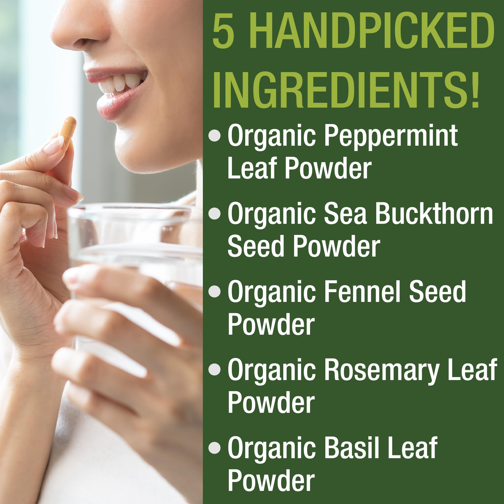 Peak Performance polvos de menta y hinojo ilustrando ingredientes orgánicos seleccionados