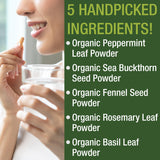 Peak Performance polvos de menta y hinojo ilustrando ingredientes orgánicos seleccionados