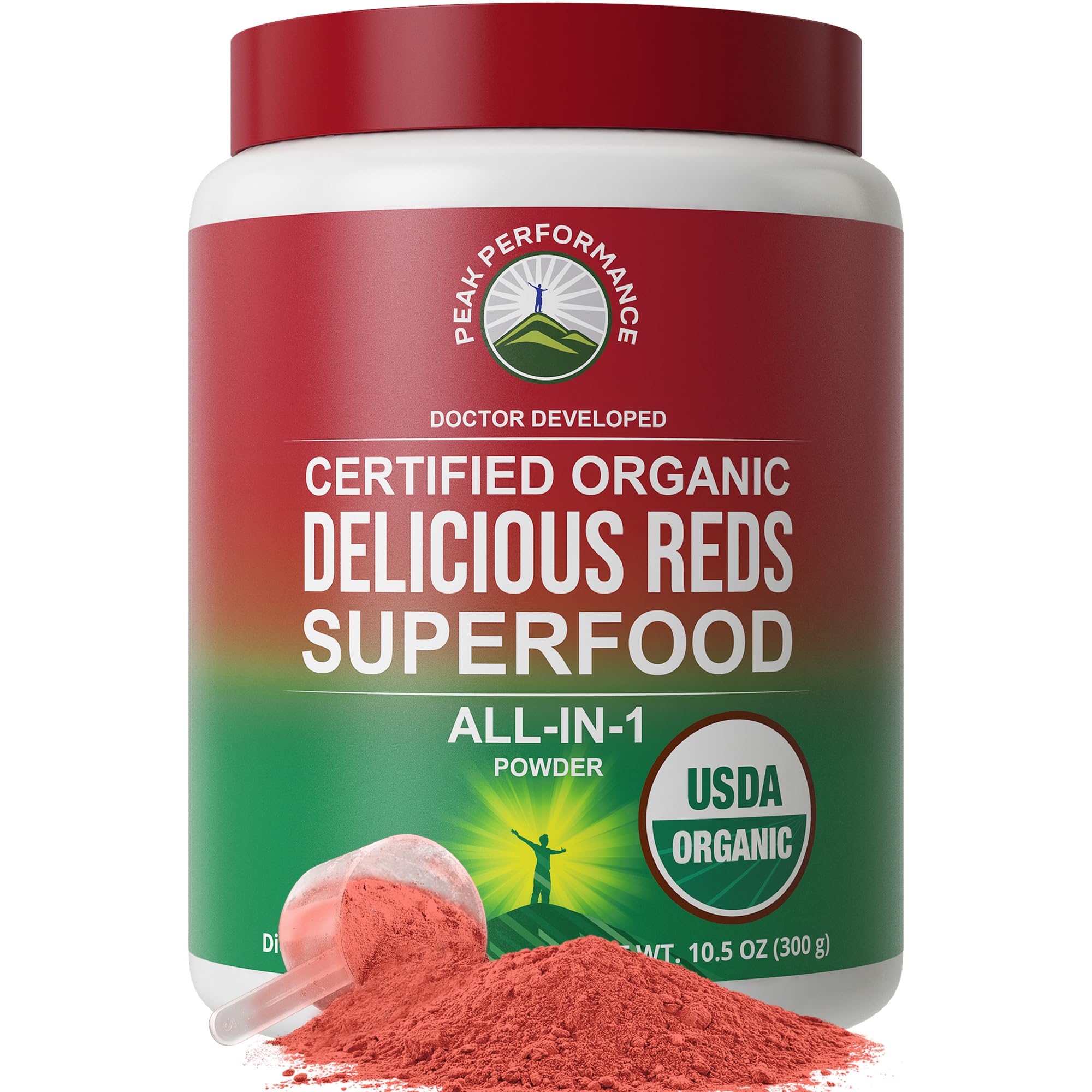 Peak Performance envase frontal mostrando mezcla roja y beneficio energizante