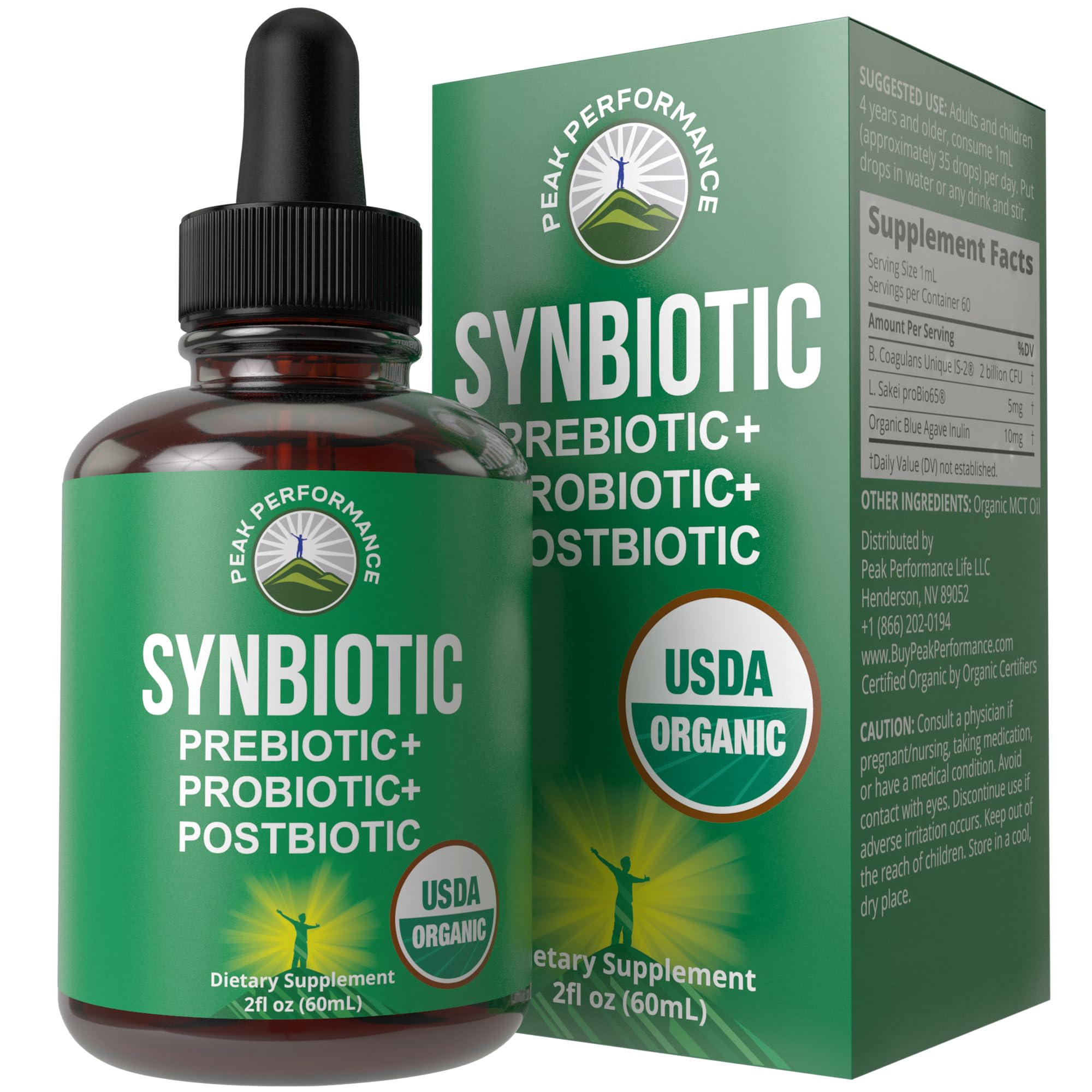 Peak Performance botella frontal con etiquetas claras y beneficios visibles