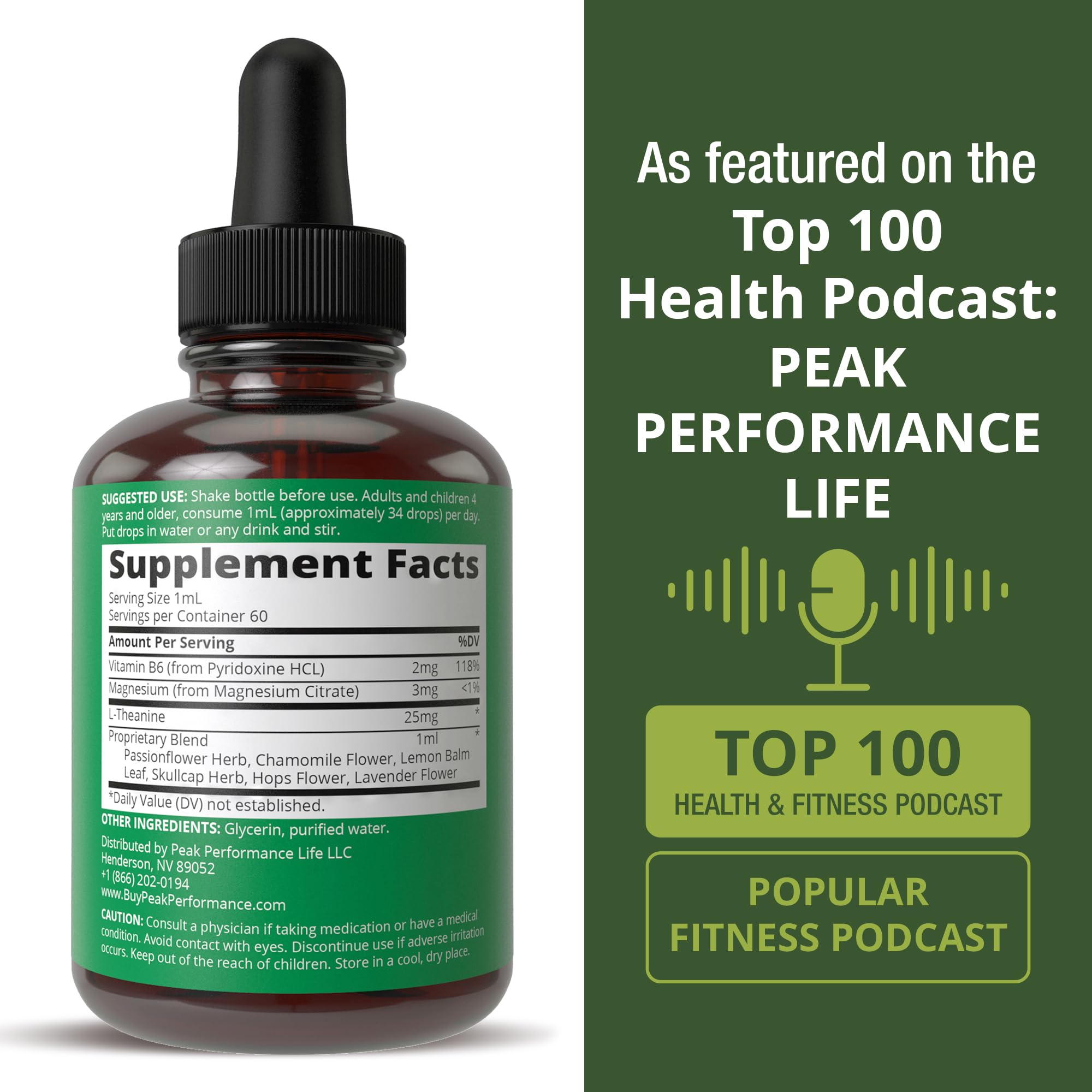 Peak Performance frasco en mano para comparar tamaño y control de dosis