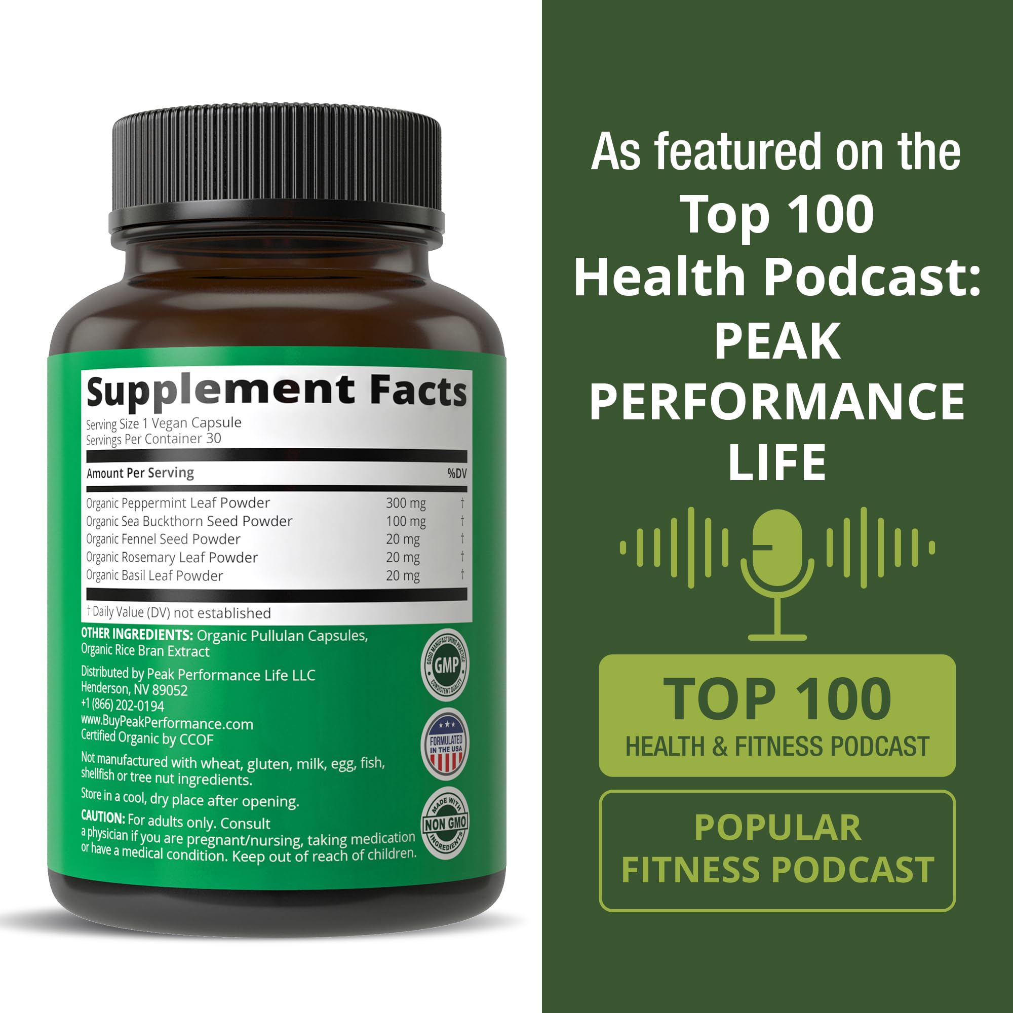 Peak Performance cápsulas junto a alimentos en cocina para contexto de uso diario