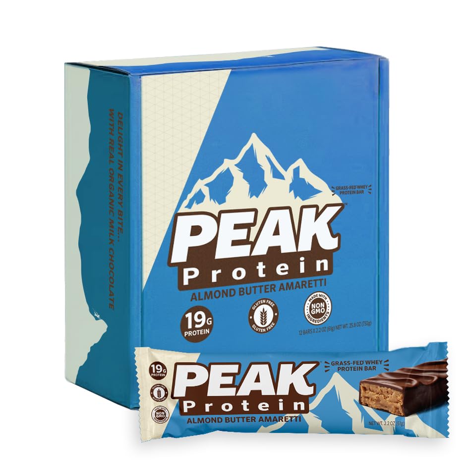 Peak Protein frontal del empaque mostrando 12 barras y beneficios