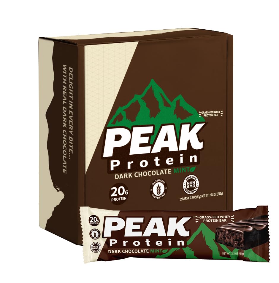 Peak Protein envase frontal del paquete de 12 barras mostrando etiqueta y beneficios